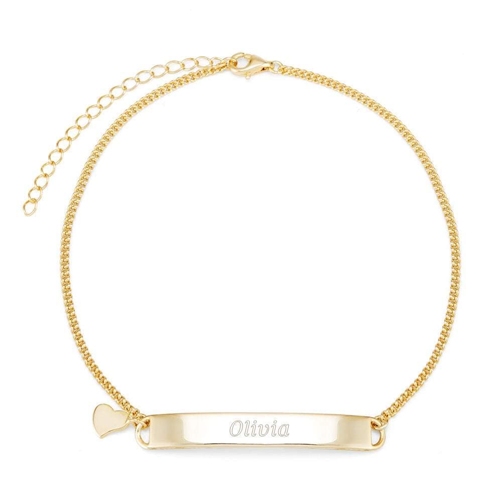 Personalized Women's Engraved Name Bar Ankle Bracelet with Heart Charm - 9