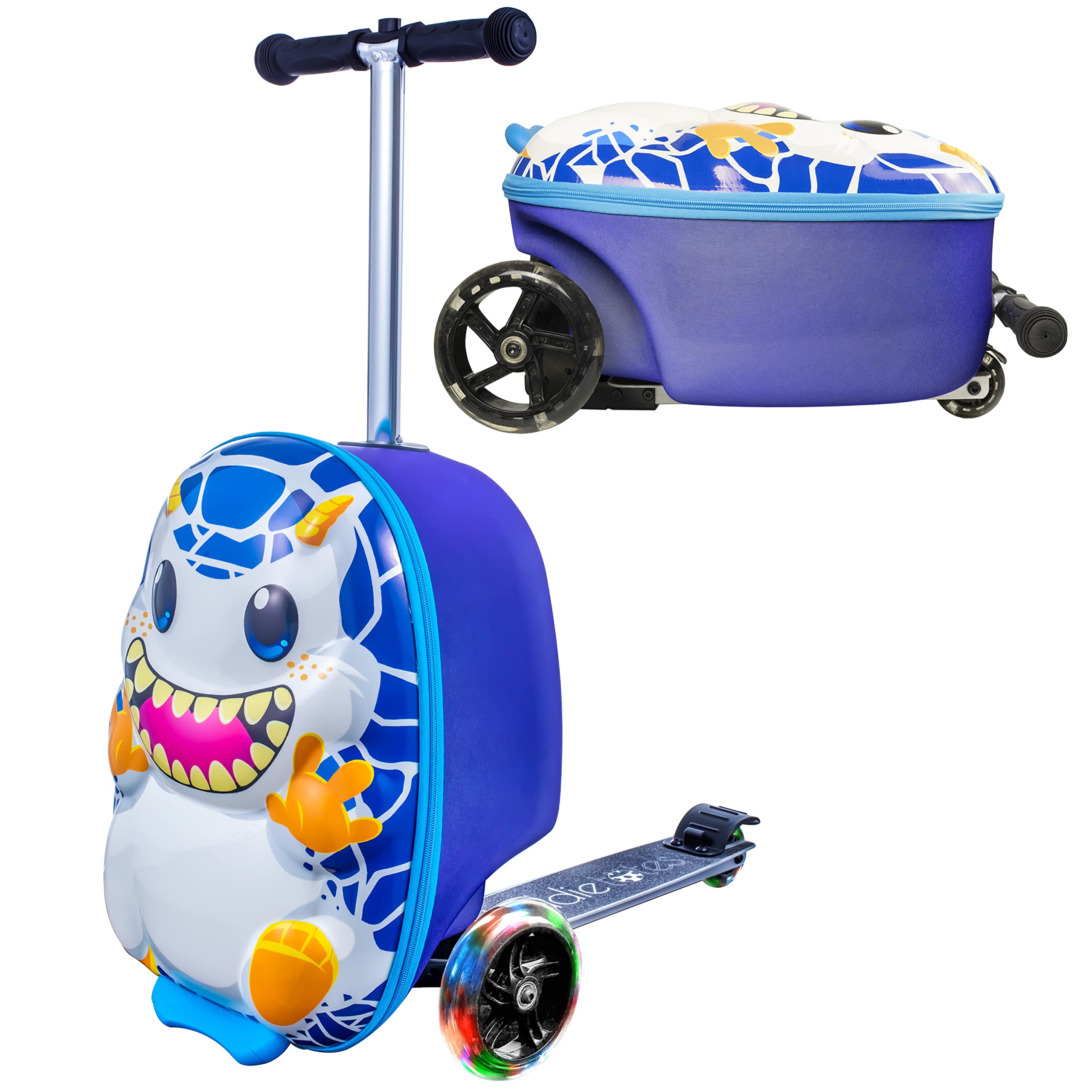 Kiddietotes 3D Hardside Scooter Ride-On Suitcase for Kids - Lightweight Wheeled Children's Luggage with Fun LED Lights - Perfect for Air Travel, Road Trips & Preschool Adventures