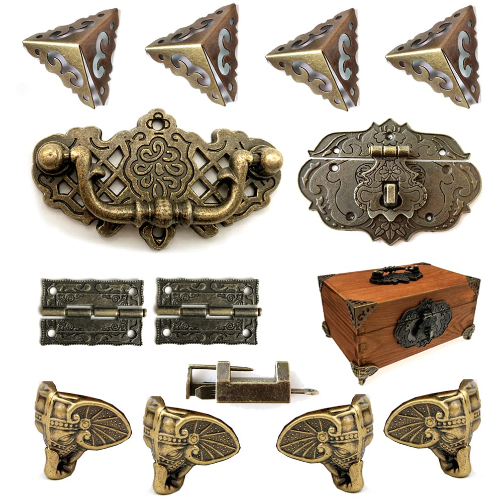 Antique Bronze Jewelry Box Hardware Kit - Lock, Latch, Hasp, Hinges, Handle & Corner Protectors for DIY Jewelry Making | Vintage Style Decorative Storage Solution for Necklaces, Rings & Keepsakes
