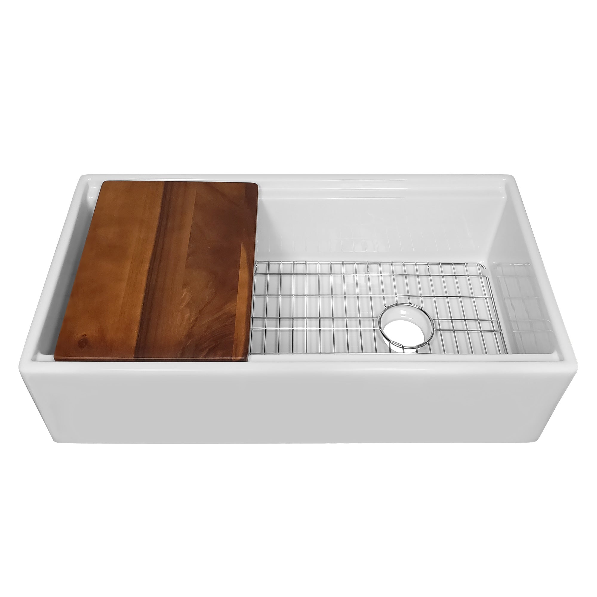 Premium Fireclay Farmhouse Kitchen Sink - Single Bowl Front Apron Design with Walnut Wood Cutting Board & Stainless Steel Grid | Perfect for Rustic & Modern Farmhouse Kitchens, Food Prep & Dishwashing