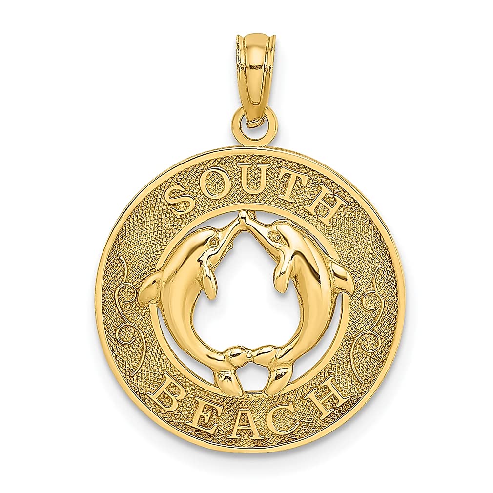 14K Yellow Gold South Beach Dolphins Circle Charm Necklace - Elegant Travel & Destination Jewelry for Women, Perfect Gift for Her | Beach Vacation, Cruise Wear, Miami Souvenir, Birthday & Anniversary Present