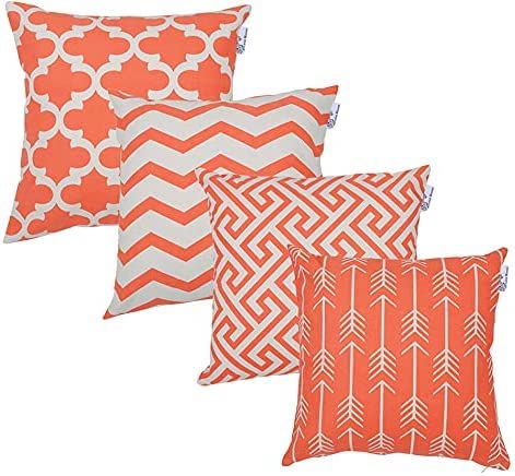 ACCENTHOME 18x18 Inch Printed Pillow Covers Set of 4 - Decorative Square Throw Pillow Covers for Sofa, Bed & Couch - Geometric Design Coral Cotton Cushion Cases - Indoor & Outdoor Home Decor - Perfect for Living Room, Patio & Dorm Room