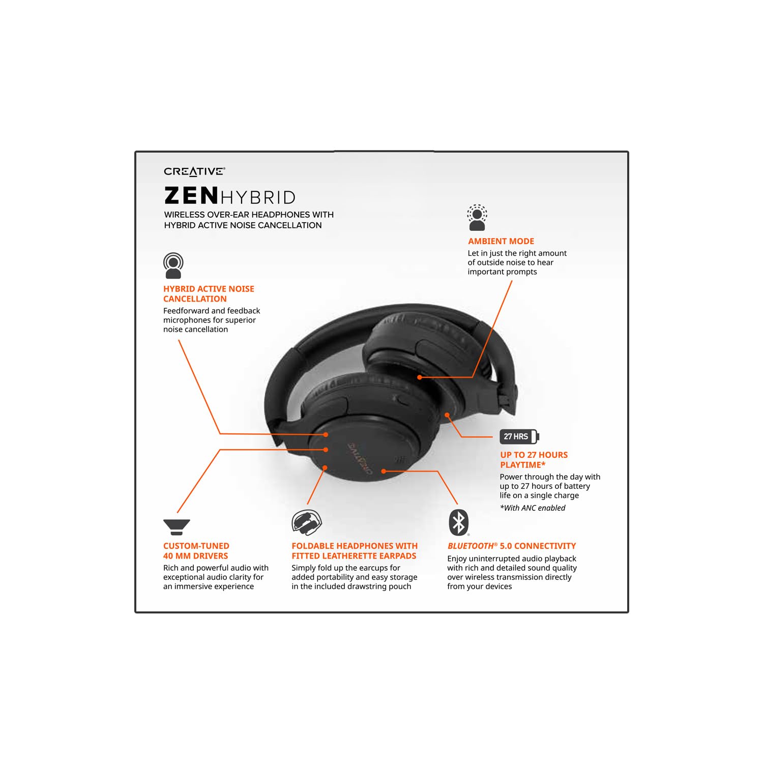 Creative Zen Hybrid Wireless Over-Ear Headphones with Hybrid Active Noise Cancellation & Ambient Mode - 27H Playtime (ANC On), Bluetooth 5.0, AAC, Built-in Mic - Perfect for Travel, Work & Music Lovers (Black)