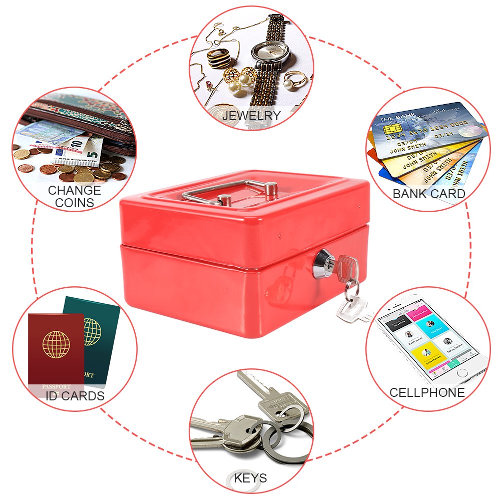 Steel Security Box for Home & Office - Portable Lockable Cash Safe for Money & Files (Red)