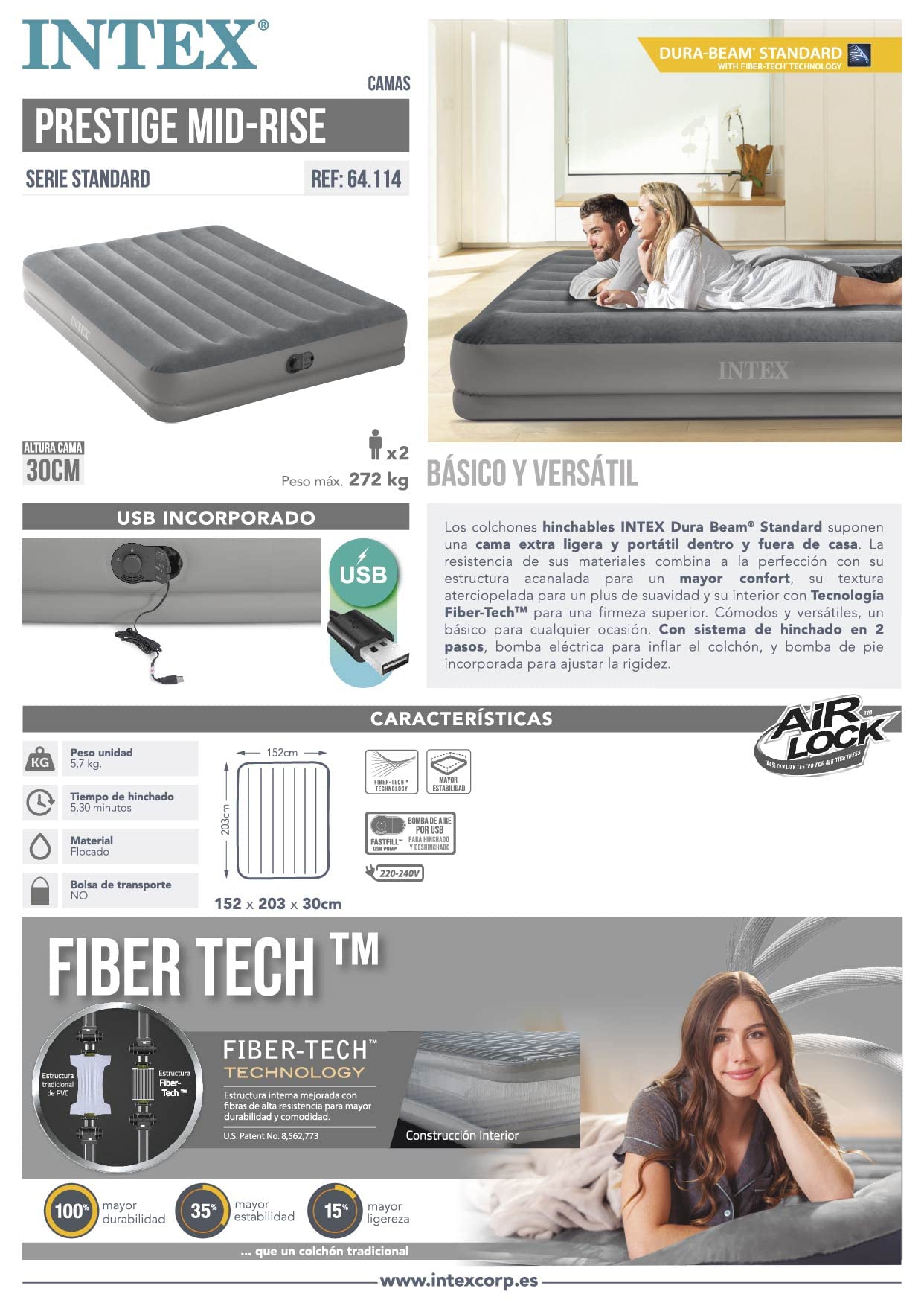 Intex Dura-Beam Standard Series Prestige Mid-Rise Air Mattress with Built-in USB Air Pump - Fast Inflation for Camping, Guest Beds & Home Use