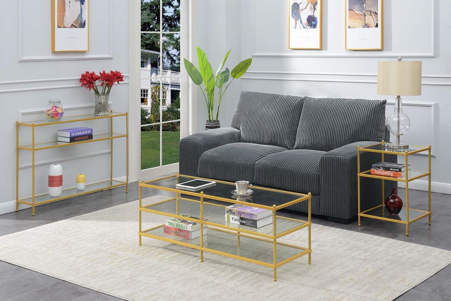 Royal Crest Console Table with Clear Glass Top & Gold Frame - Elegant Entryway Furniture for Hallway, Living Room & Foyer Decor