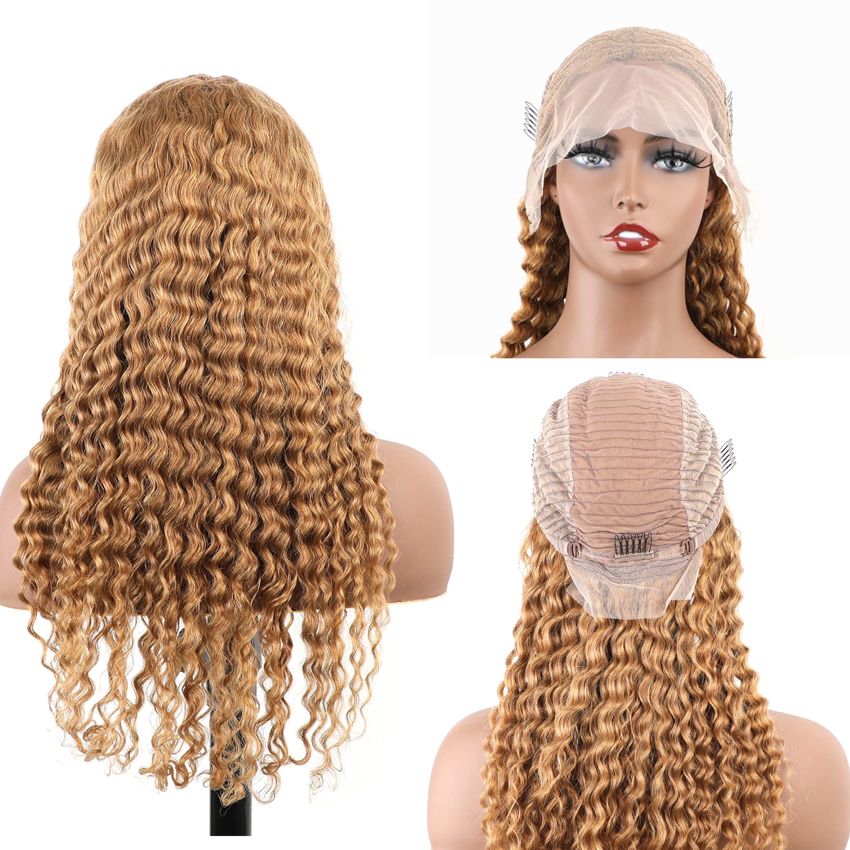 BLY Light Brown 10A Human Hair Blonde Wig - 13x4 HD Transparent Lace Front, Pre Plucked Deep Wave Curly Glueless Wigs for Women (180% Density, #27 Color, 26 Inch) - Perfect for Cosplay, Daily Wear & Special Occasions