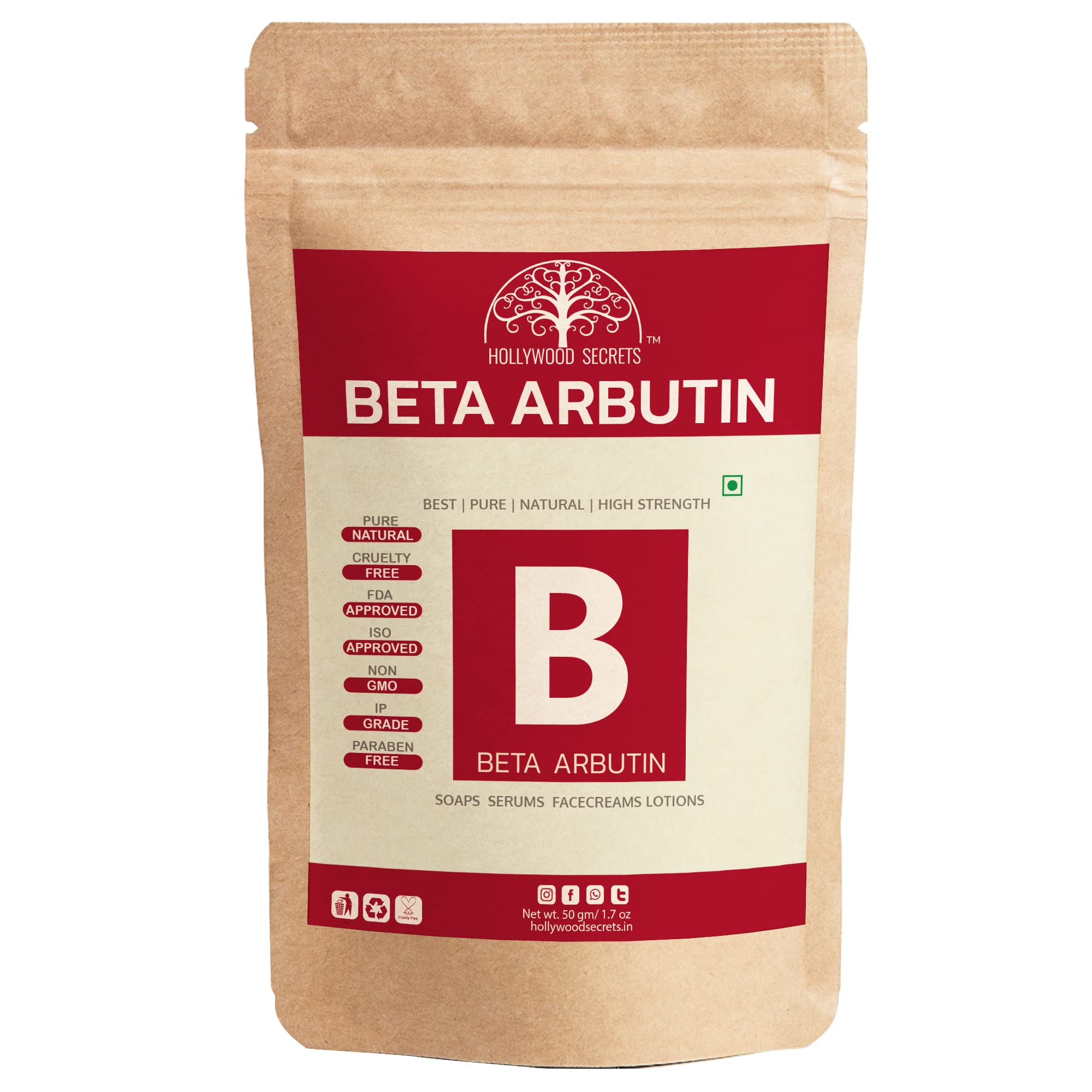 Hollywood Secrets Pure Beta Arbutin Powder 50g - Skin Brightening & Dark Spot Treatment for Face & Body - Perfect for Hyperpigmentation, Melasma & Uneven Skin Tone Care