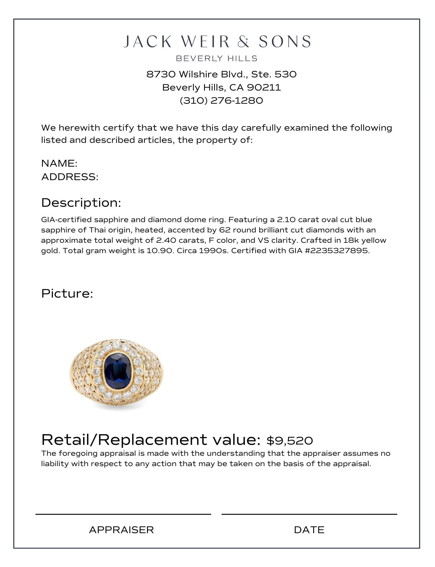 2.10 Carat GIA Certified Oval Cut Sapphire Diamond Ring in 18K Yellow Gold - Elegant Dome Design for Engagement, Wedding & Special Occasions