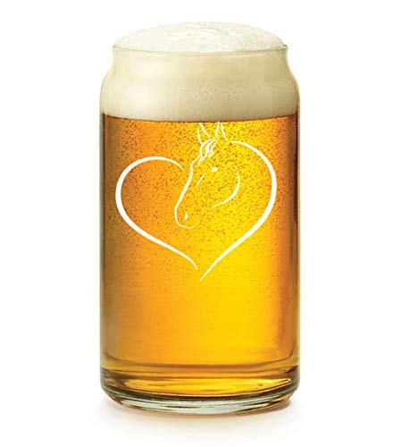 16 oz Beer Can Glass with Heart and Horse Design - Perfect for Beer Lovers, Home Bars, and Gifts for Men