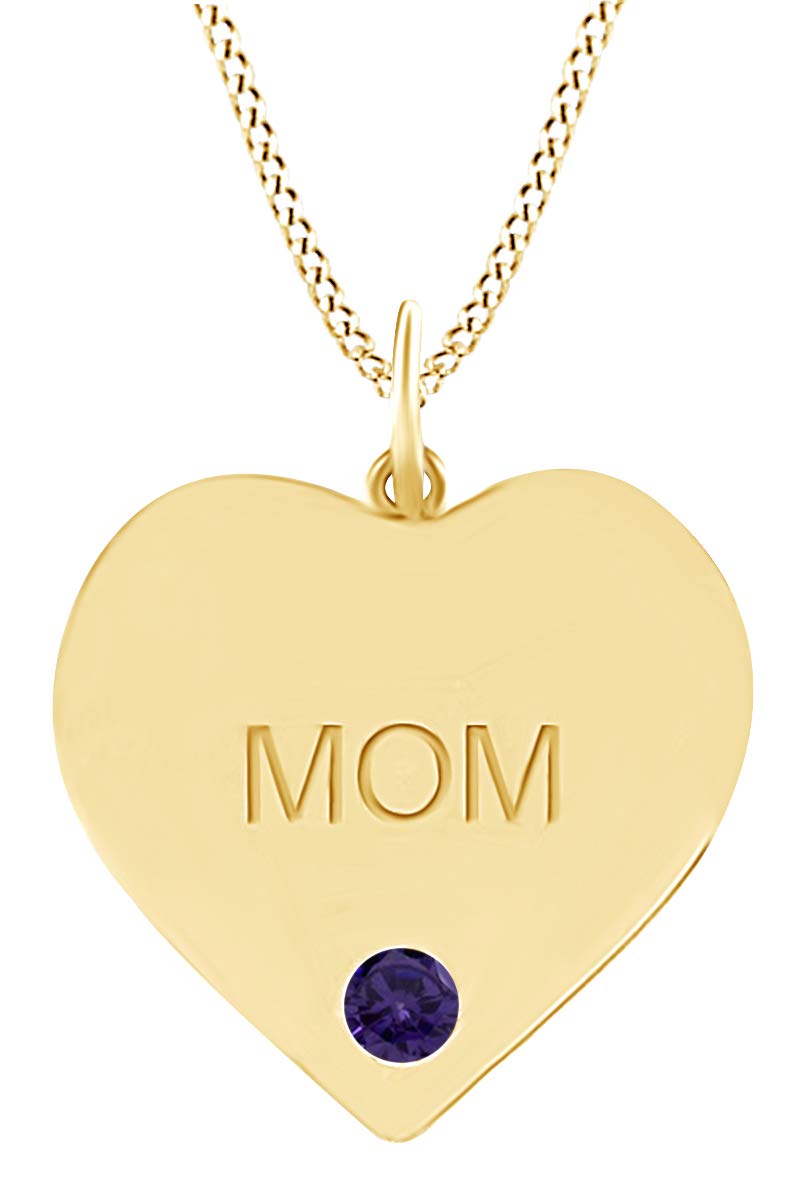 10K Solid Yellow Gold Heart Pendant Necklace with Simulated Birthstones - Personalized Engraved 'MOM' Jewelry Gift for Mother's Day, Birthday, Anniversary & Special Occasions