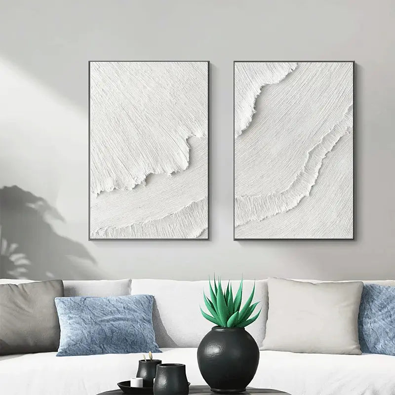 Minimalist White Textured Canvas Paintings - Set of 2 Modern Abstract Wall Art (MM065) | Perfect for Living Room, Bedroom & Office Decor