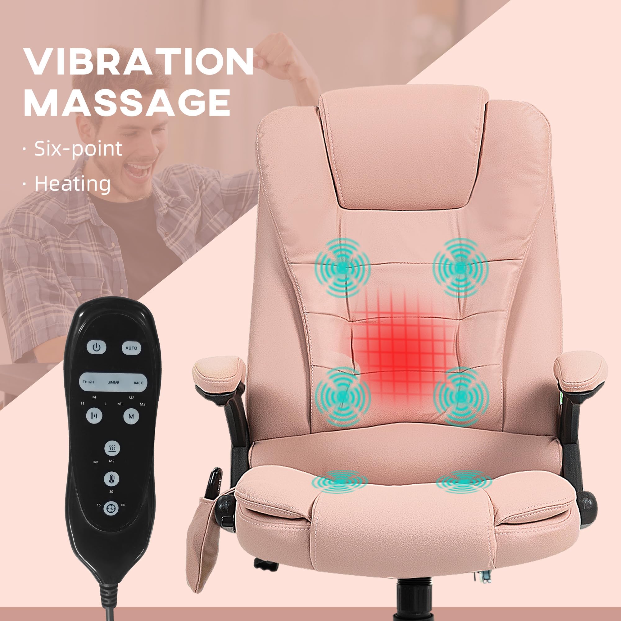 HOMCOM 6-Point Vibrating Massage Office Chair with Heating - High Back Executive Chair with Reclining Function, Padded Armrests & Remote Control - Pink Microfiber Ergonomic Chair for Home & Office Use - Perfect for Work, Relaxation & Pain Relief