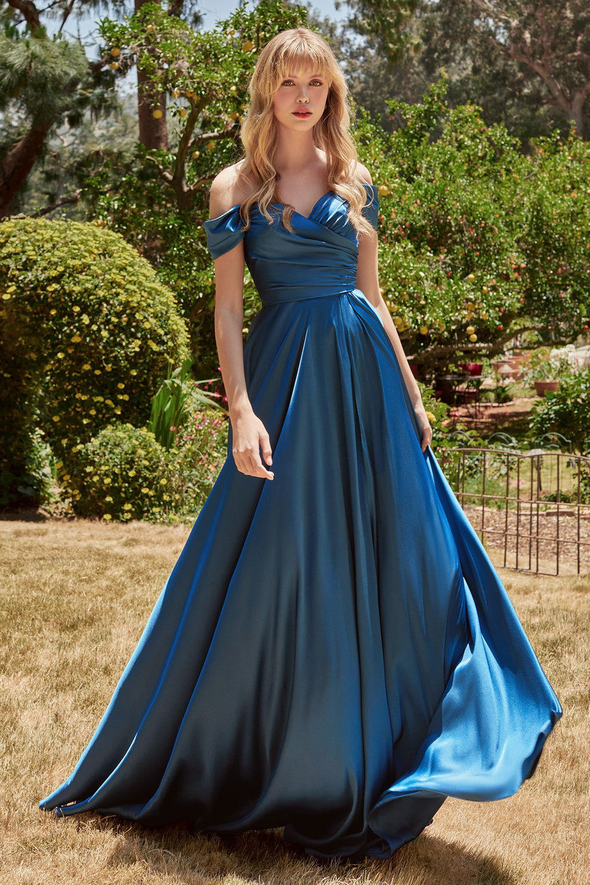 Jillian Gown French Navy - A-Line Soft Satin Off-the-Shoulder Dress for Evening Parties, Weddings & Special Occasions