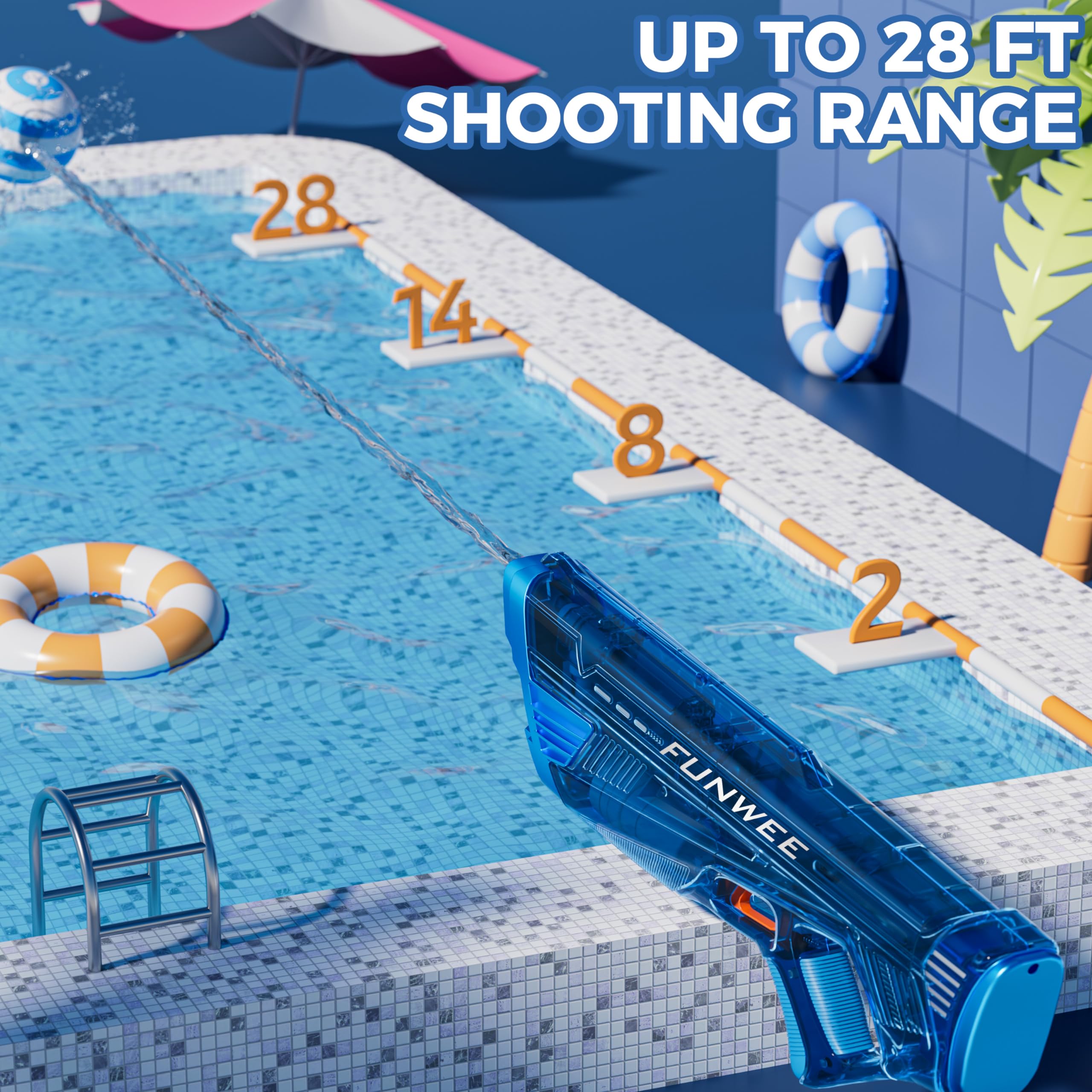 2 Pack High-Powered Automatic Electric Water Guns for Adults & Kids - Long Range 28-32 FT, 100 Shots, Rechargeable Water Blaster (Transparent Black+Blue) - Perfect for Pool Parties, Beach Games & Summer Outdoor Activities