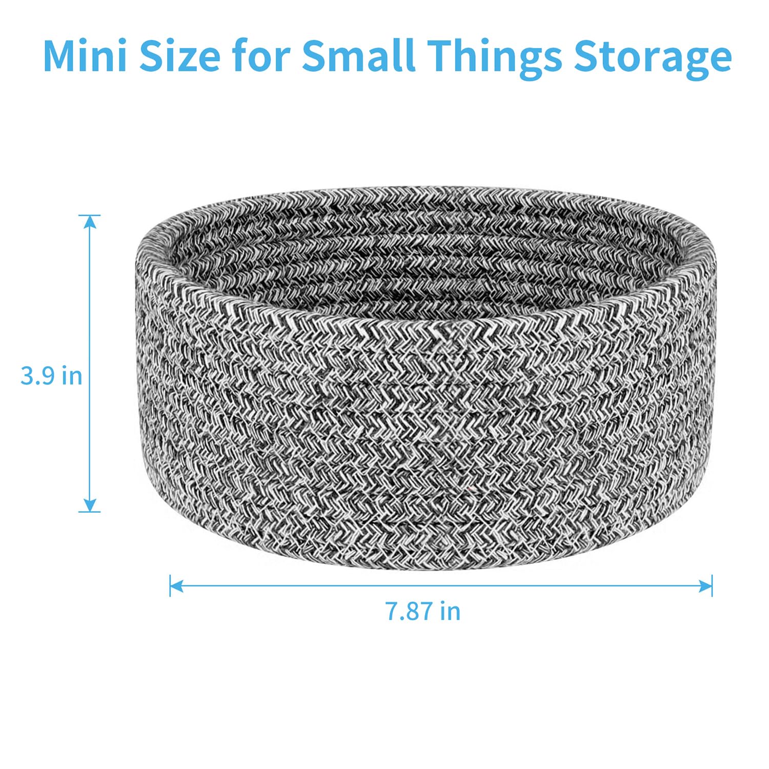 ABenkle Small Woven Storage Basket - Mini Cotton Rope Decorative Hamper for Toys, Spa Essentials, Socks & Nursery Organization - Round Shallow Basket for Living Room, Bedroom & Bathroom - Mixed Grey