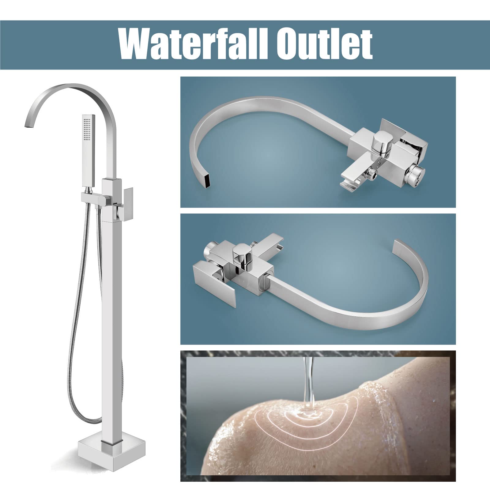 Aolemi Polished Chrome Freestanding Bathtub Faucet - Floor Mount Tub Filler with Handheld Shower Sprayer, Single Handle Waterfall Brass Tap for Modern Bathroom (Ideal for Spa, Luxury Bath & Home Renovation)