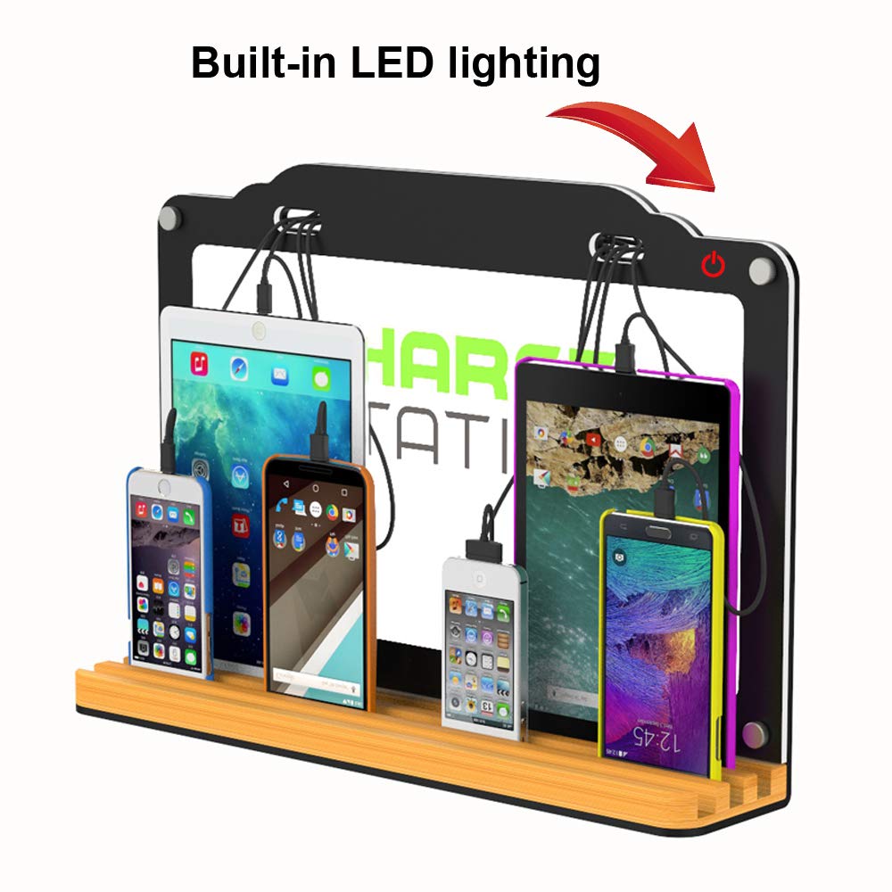 Wall Mount Multi-Device Fast Charging Station with Built-in LED Lights - 6-Port USB Charger for Phones, Tablets & Smart Devices - Perfect for Airports, Hotels, Offices & Public Spaces