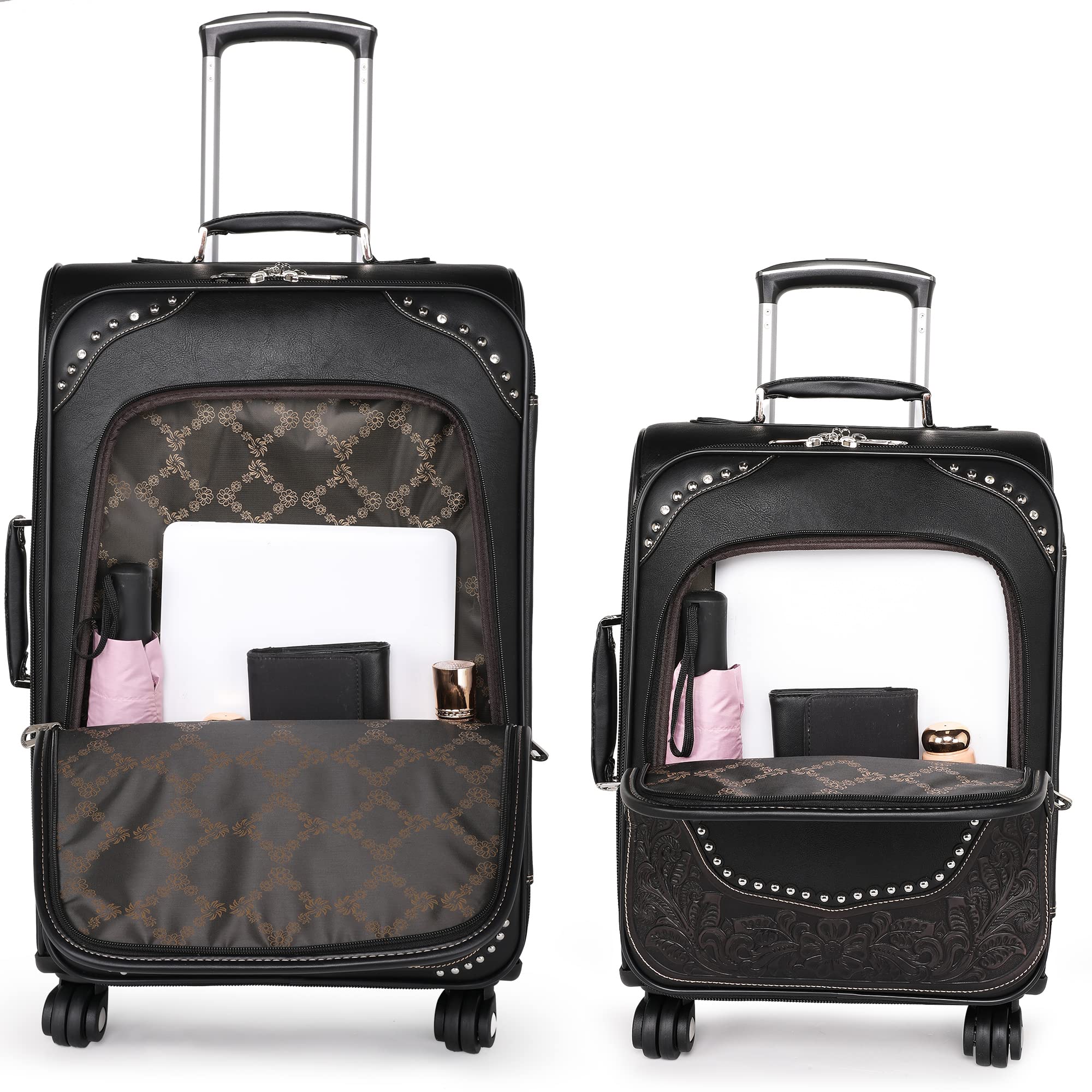 Montana West Western Tooled 3-Piece Luggage Set - Vegan Leather Embossed Suitcase with Spinner Wheels, Carry-On & Duffle Bag for Travel (Black) - Perfect for Business Trips, Vacations & Airplane Carry-Ons