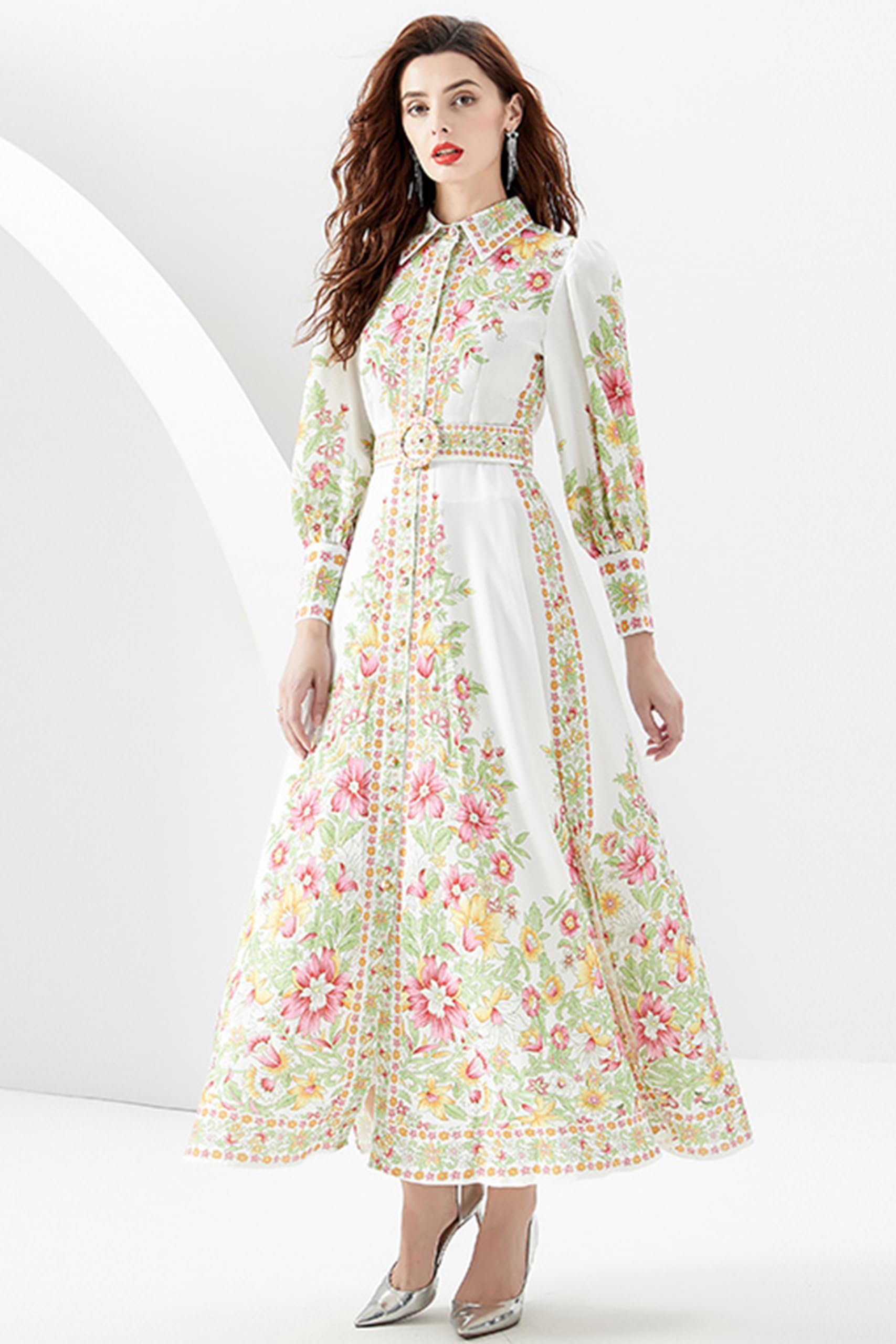 Women's Floral Print Maxi Dress with Belt - Flowy Casual Button Up Long Dress with Side Split for Summer, Beach, and Vacation Wear