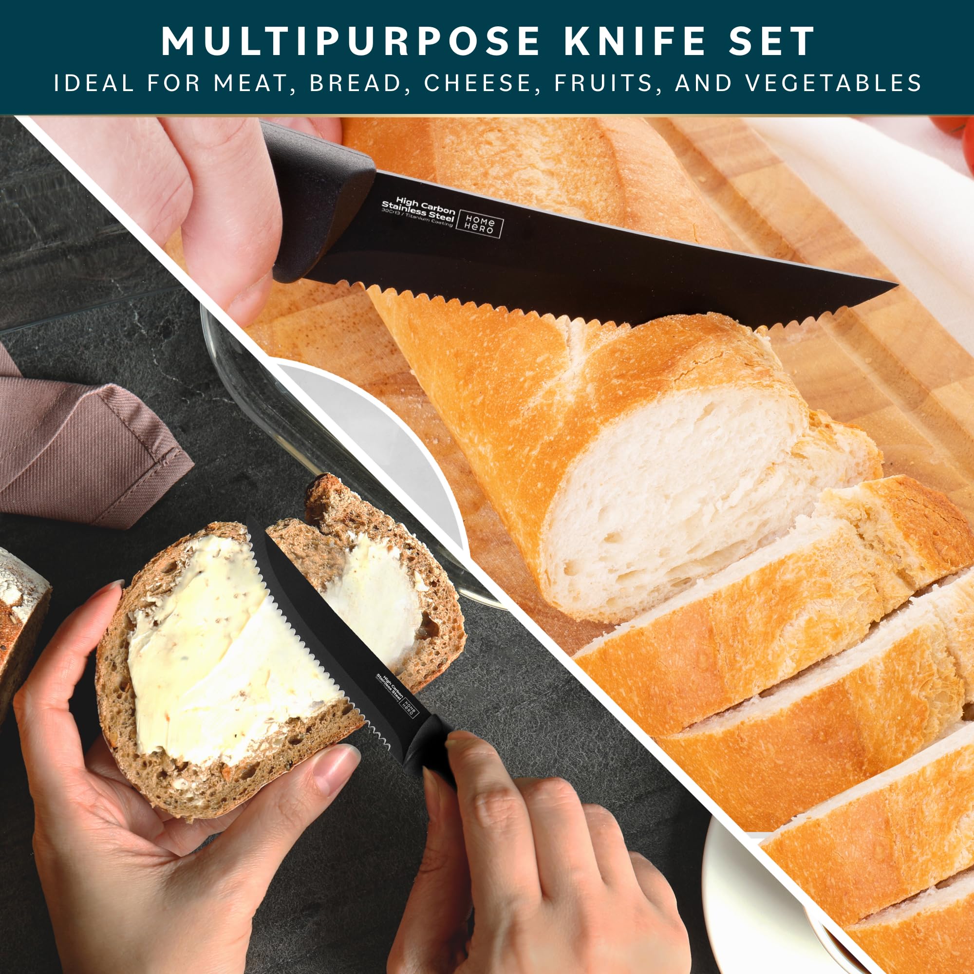 Premium Steak Knives Set - 6-Piece High-Carbon Stainless Steel Serrated Knives with Ergonomic Handles (Black) - Perfect for Steak Dinners, BBQs, and Fine Dining at Home