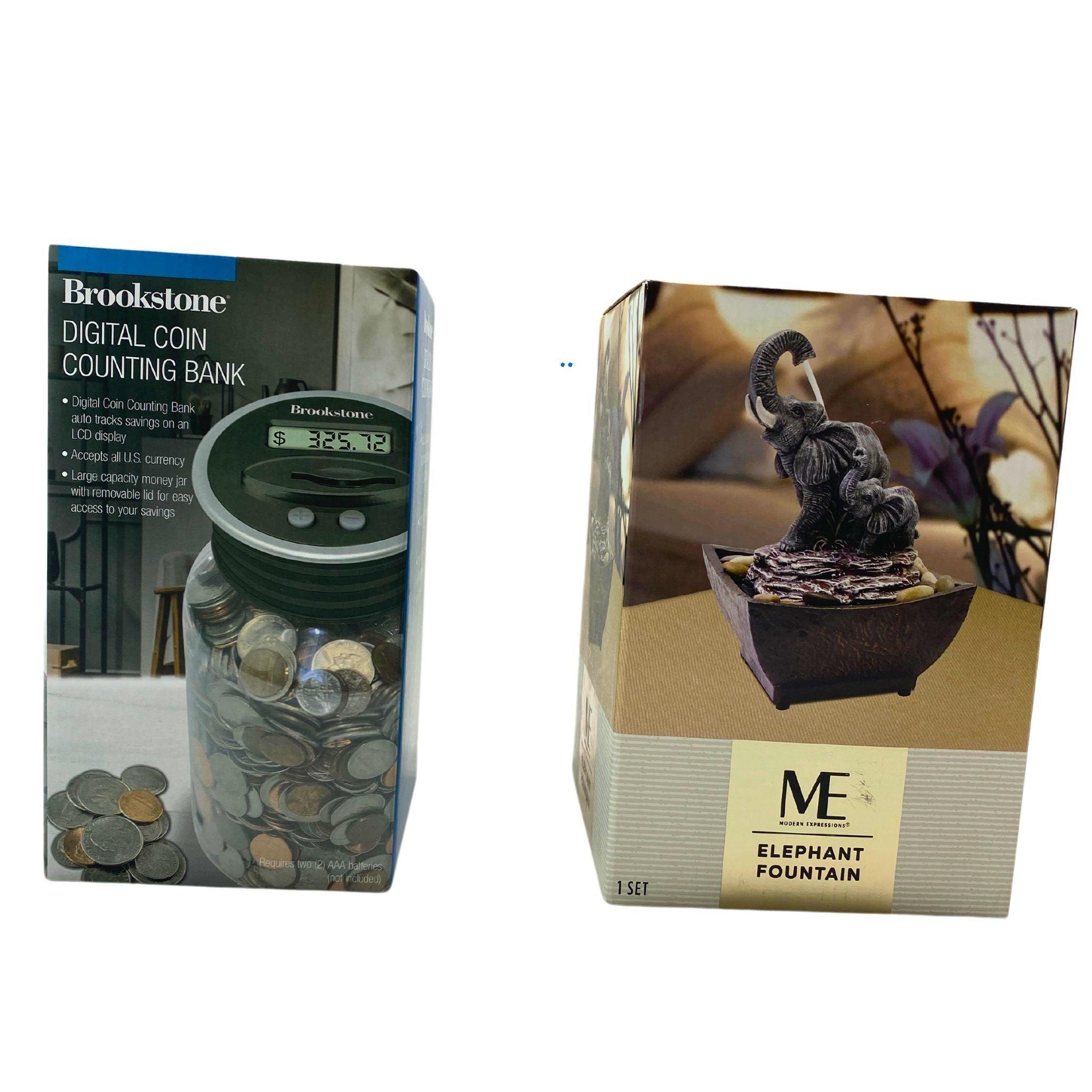 Brookstone Digital Coin Counting Bank & Me Elephant Fountain Coin Bank Set - 24 Piece Lot for Kids Savings, Piggy Bank Alternative - Perfect for Birthday Gifts, Financial Education & Home Decor