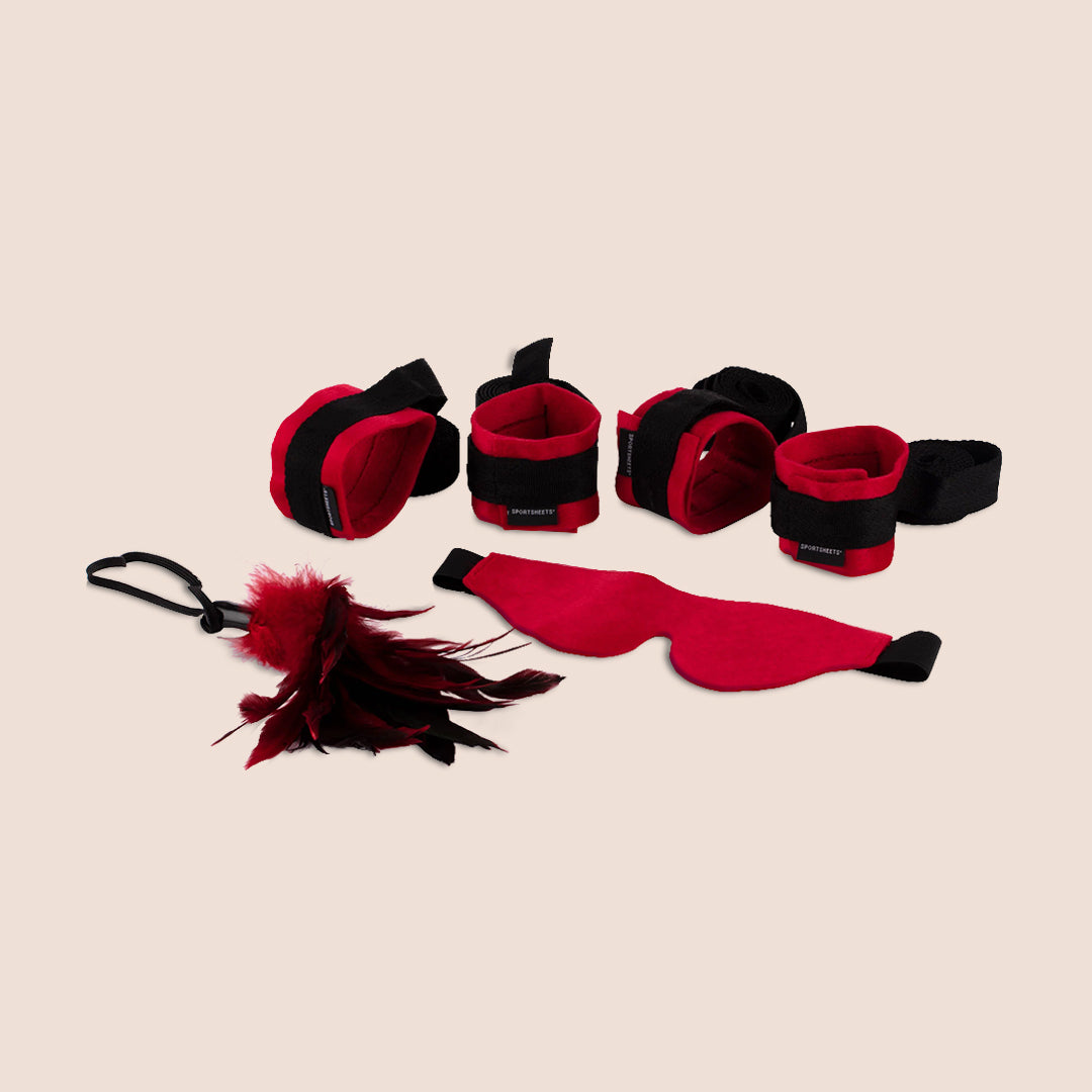 Sportsheets Sexy Submissive Kit - 2 Restraint Sets, Blindfold & Feather Tickler for Couples Play | BDSM Bondage Gear for Sensual Exploration & Spicing Up Your Bedroom