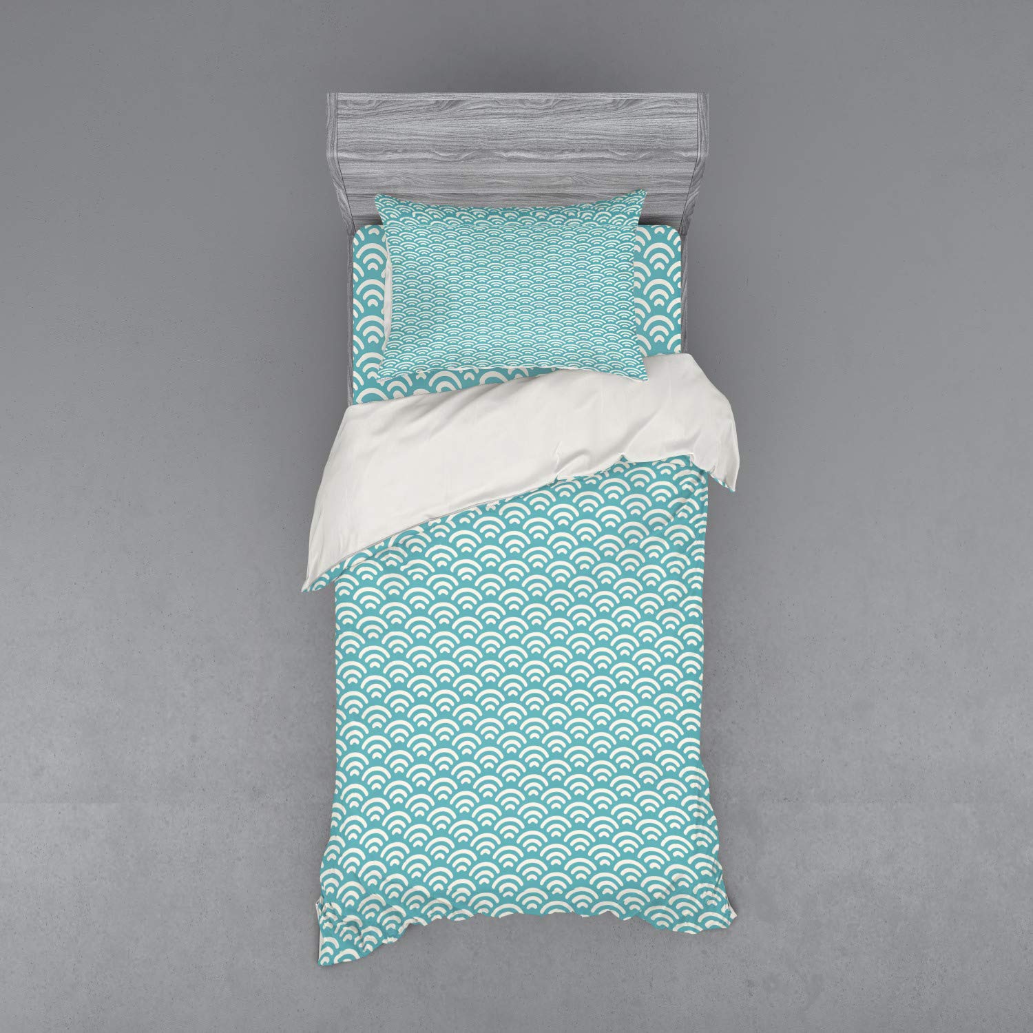 Ambesonne Abstract Duvet Cover Set - Bold Water Fishing Theme, 3-Piece Bedding Set with Sham & Fitted Sheet, Twin Size, Turquoise White - Perfect for Summer Vacation, Beach House Decor & Coastal Bedroom Styling