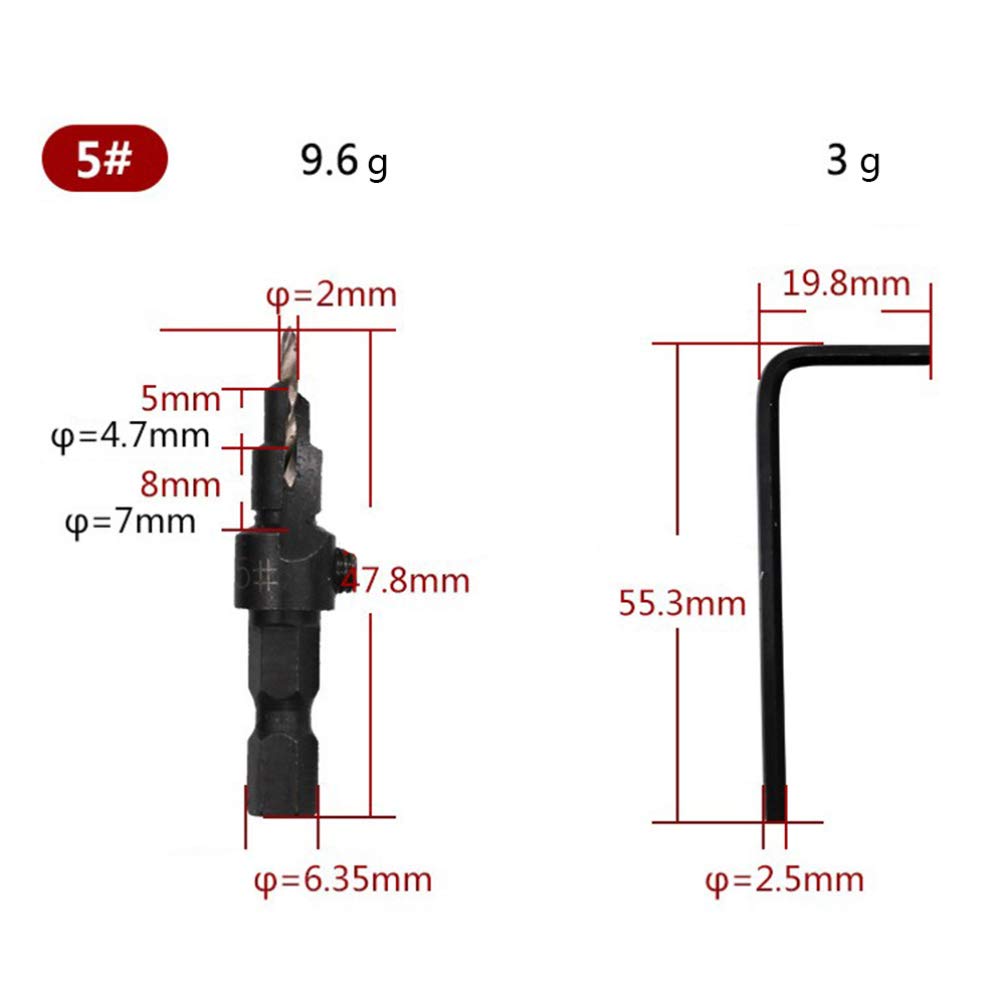 5-Piece Countersunk Head Drill Bit Set - Hex Shank Wood Hole Reamer & Countersink Drill Bits for Woodworking, DIY Projects, and Furniture Assembly