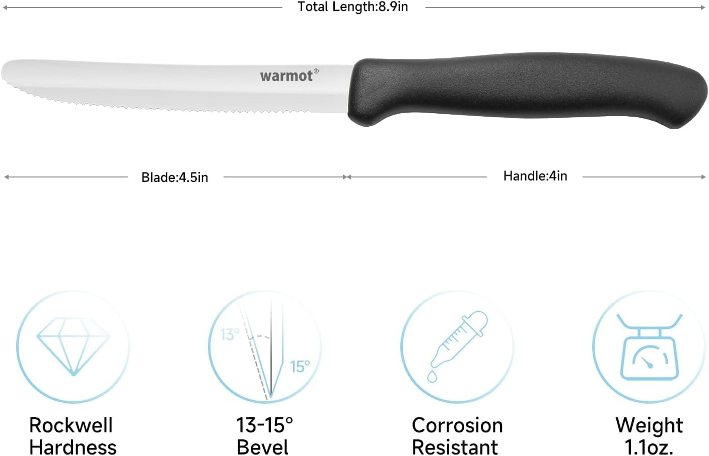 Warmot® 6-Piece Steak Knife Set - High Carbon Stainless Steel Serrated Blades with Black Handles - Perfect for Steak Dinners, BBQ Parties & Fine Dining Experience