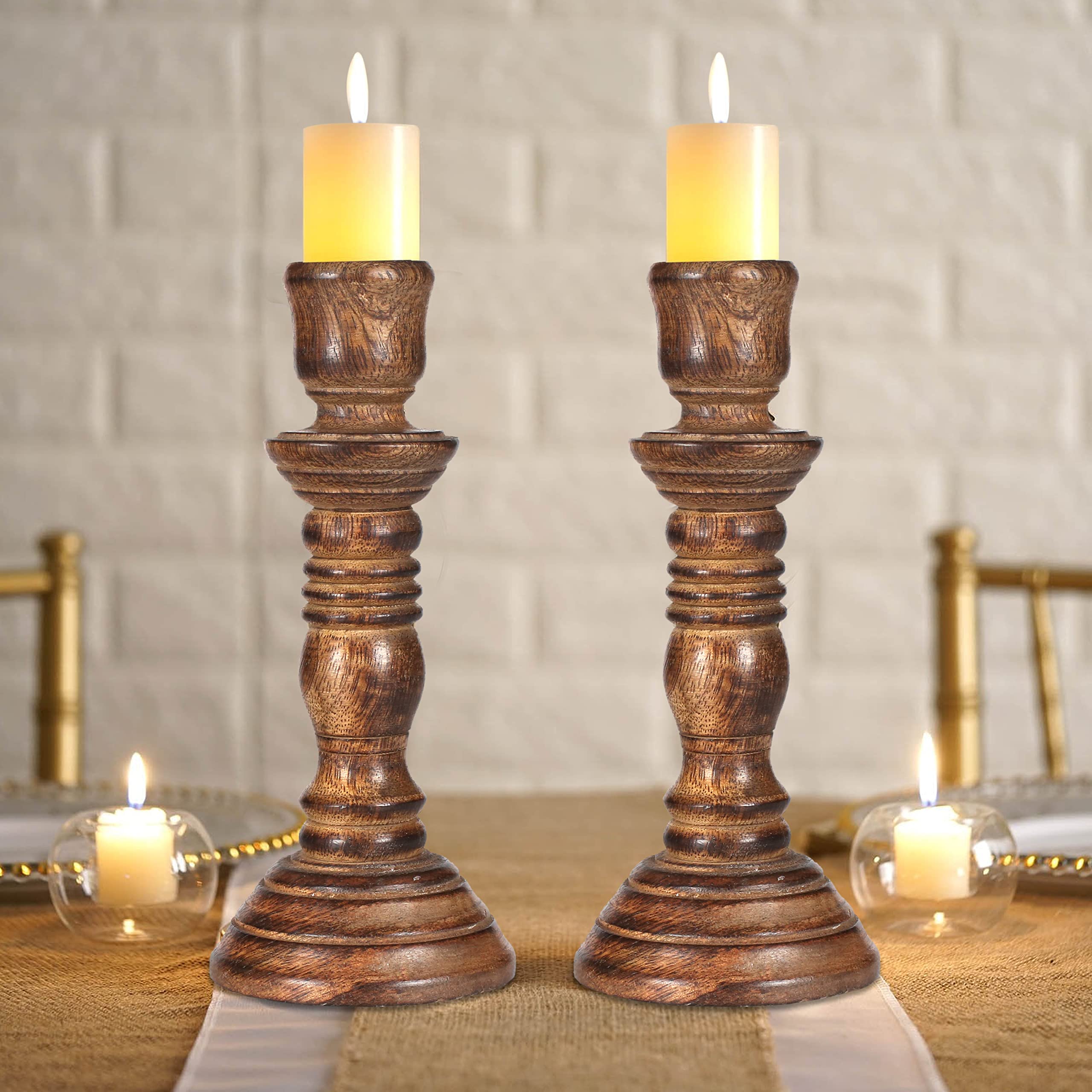 Wooden Candlestick Holder Set of 2 - 8 Inch Home Decor for Dining & Wedding