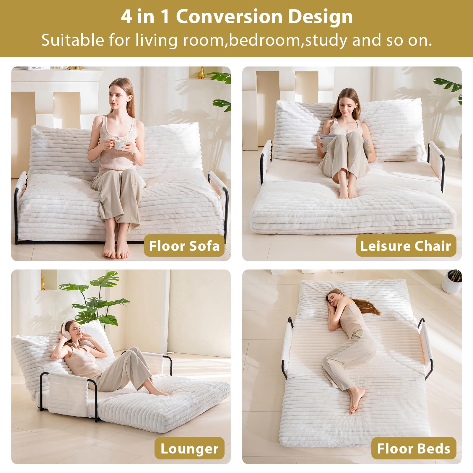 MAXYOYO Adjustable Lazy Floor Sofa - 5-Position Foldable Sleeper Chair with Armrests, Beige | Comfortable Floor Seating for Living Room, Bedroom & Small Spaces