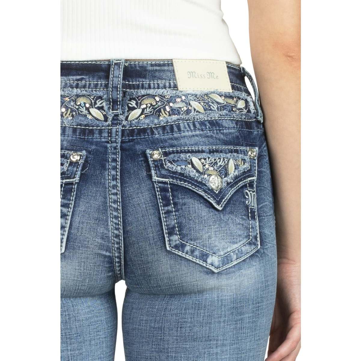 Miss Me Women's Botanical Border Embellished Mid-Rise Bootcut Jeans - Floral Design with Faux Flap Pockets - Comfortable Stretch Denim for Casual Wear & Date Nights