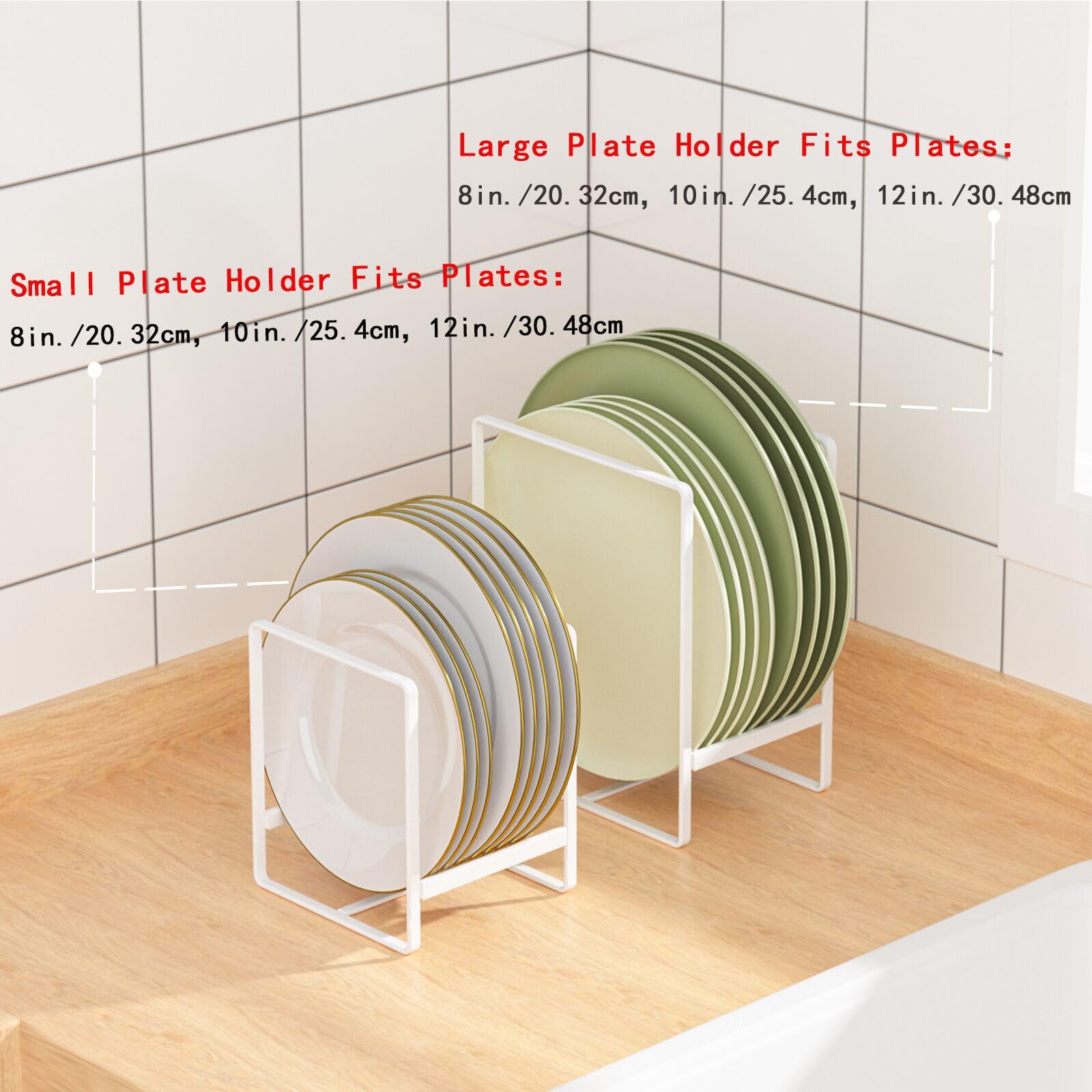 2 Pack Large Metal Plate Holders & Organizers - Upright Cabinet Dish Drying Rack Stand for Countertop & Cupboard (7.87