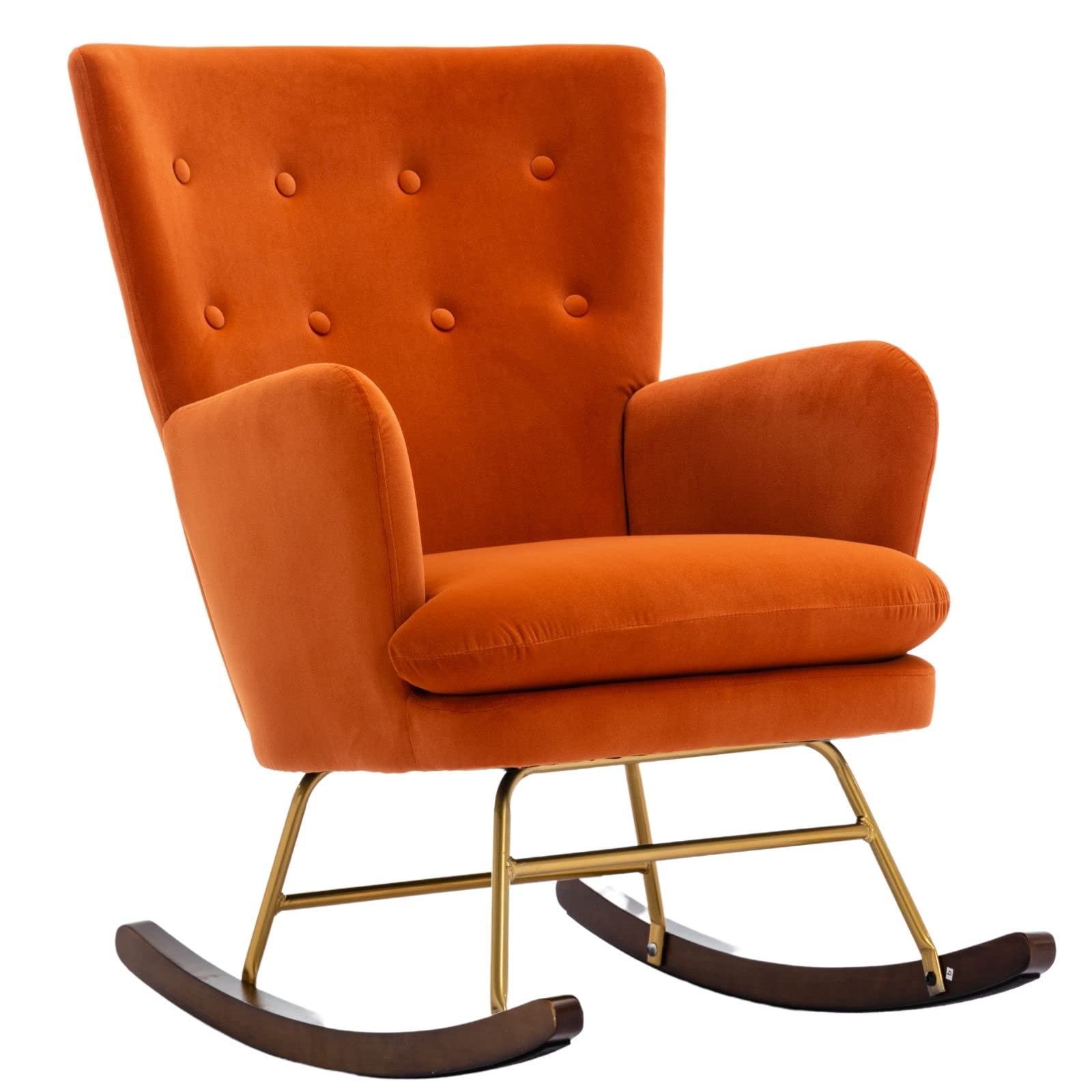 Velvet Rocking Chair for Nursery - Upholstered Button Tufted Nursing Chair with Wooden Base, High Back Wingback Rocker for Bedroom & Living Room - Comfortable Baby Feeding Chair (Orange) | Perfect for Breastfeeding, Reading Nook & Relaxing in Nursery or Home Office