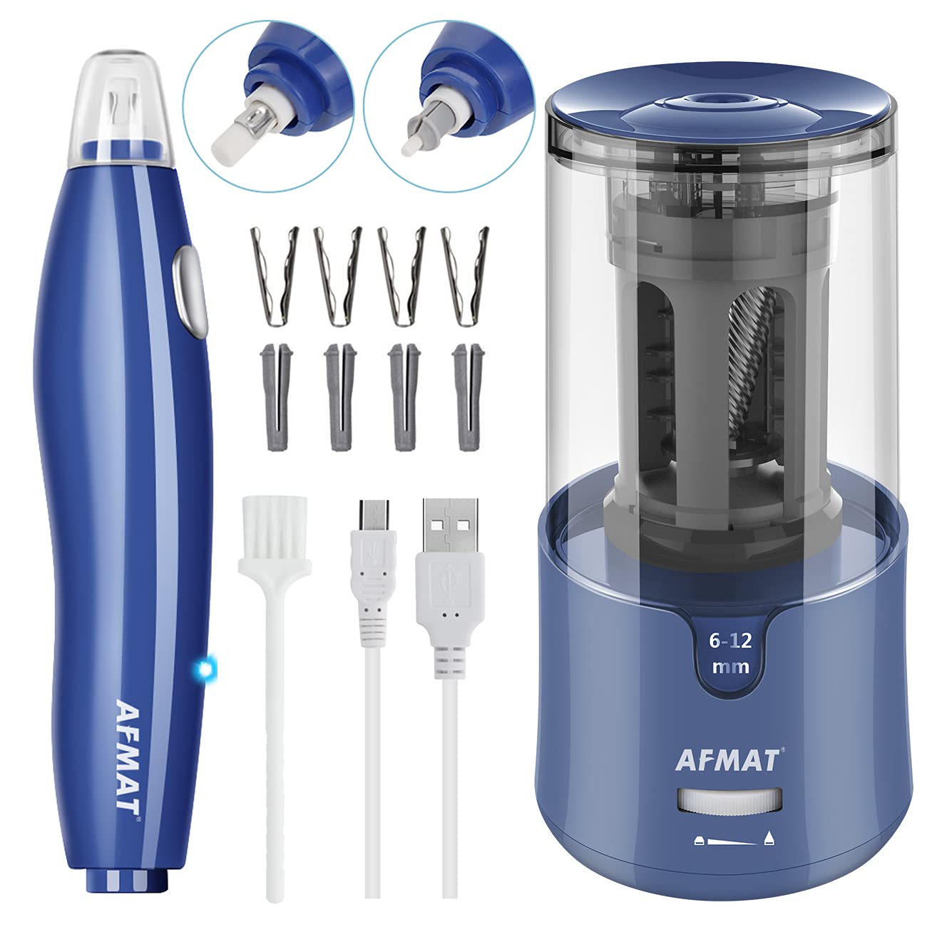 AFMAT Electric Pencil Sharpener & Eraser Kit - Auto Stop, Super Sharp & Fast, Rechargeable with 140 Eraser Refills - Perfect for Colored Pencils, Drafting, Drawing, Arts & Crafts - Ideal for Artists, Students & Office Use