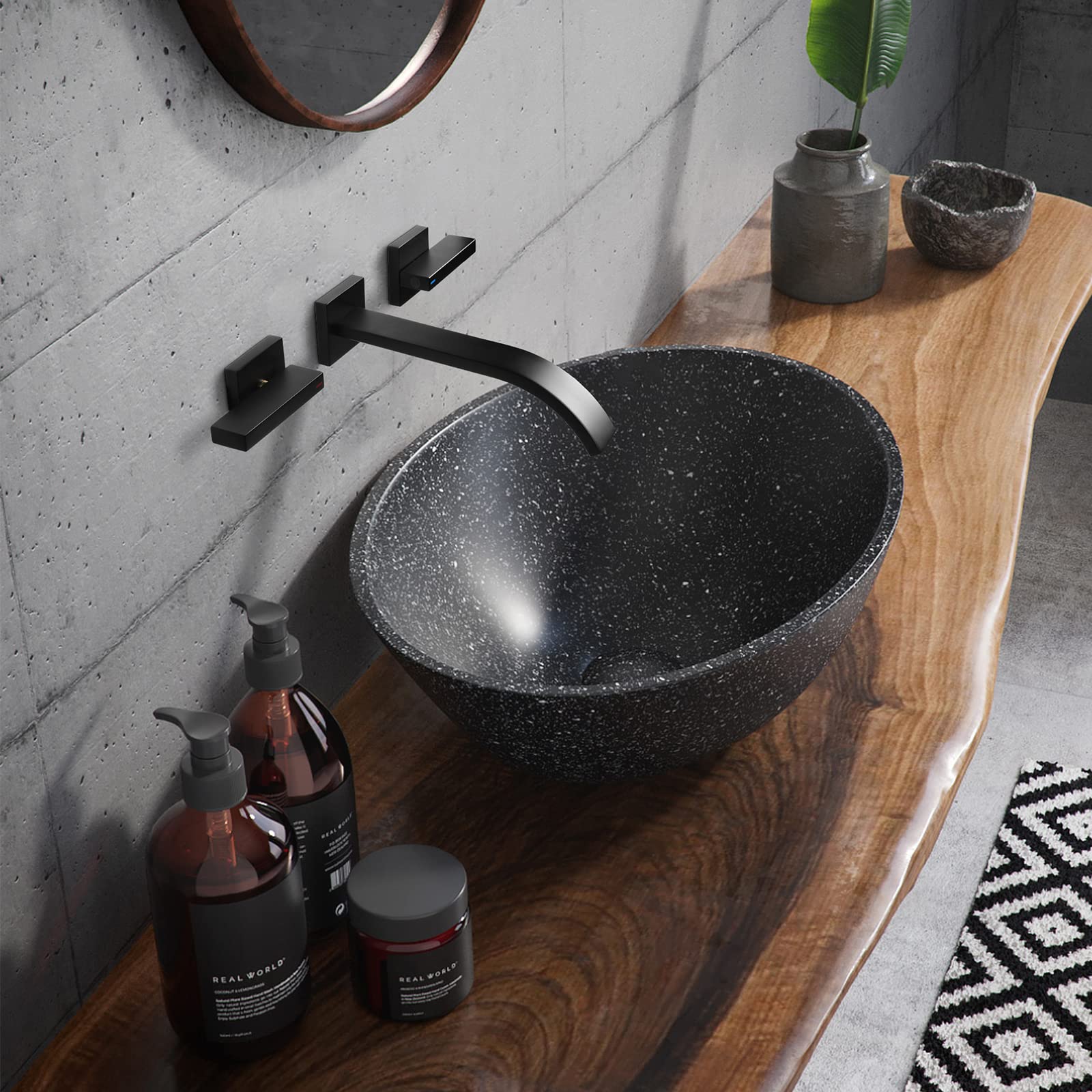 Brushed Brass Wall Mount Bathroom Faucet - Matte Black Sink Faucet with 2 Handles for Modern Bathrooms