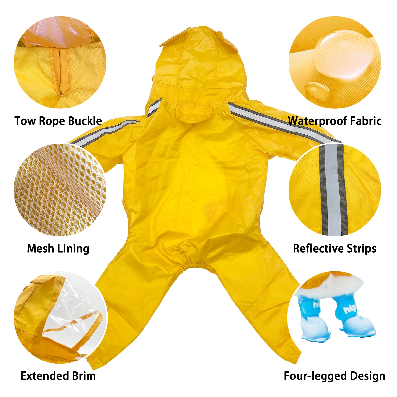 Waterproof Dog Raincoat - Adjustable 4-Legged Dog Rain Jacket with Hood & Leash Hole | Reflective Lightweight Outdoor Rain Poncho for Small & Medium Dogs | Perfect for Walking, Hiking & Rainy Day Adventures (Yellow, X-Large)