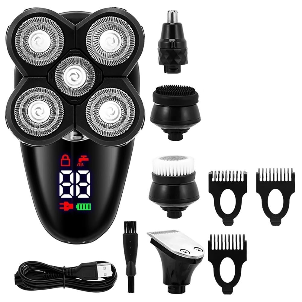 5-in-1 Electric Head Shaver for Men - Bald Shaving Machine with Facial & Body Grooming Kit, Beard Trimmer & LCD Display | Perfect for Travel, Home Use & Professional Grooming