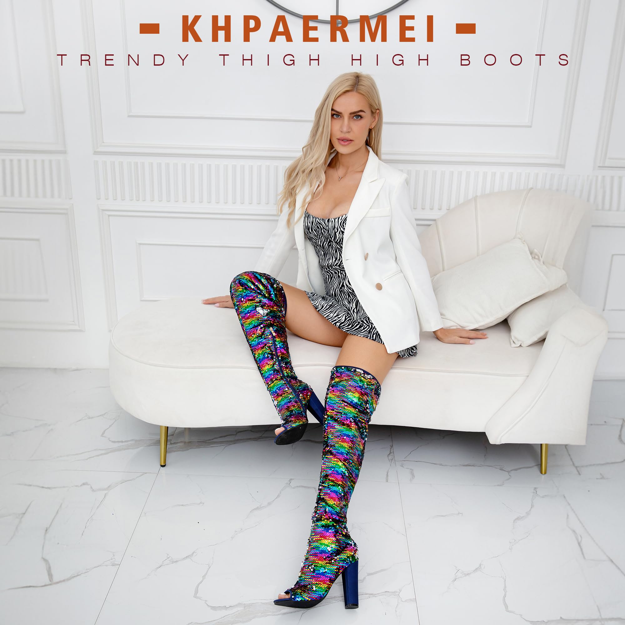 Sparkly Thigh High Boots for Women - Sexy Sequin Over The Knee Party Boots with Open Toe & Chunky Heels | Perfect for Prom, Night Out & Special Occasions