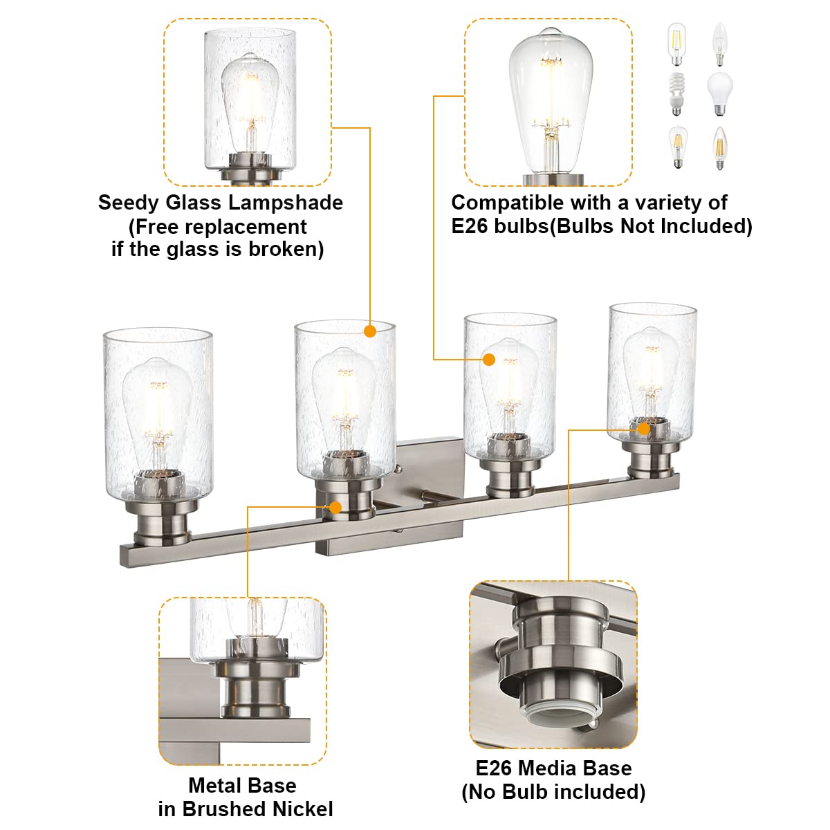VINLUZ 4-Light Brushed Nickel Vanity Light Fixture - Industrial Bathroom Wall Sconce with Seeded Glass Shade for Mirror, Dressing Table, Porch & Bedroom Lighting - Perfect for Modern Home Decor
