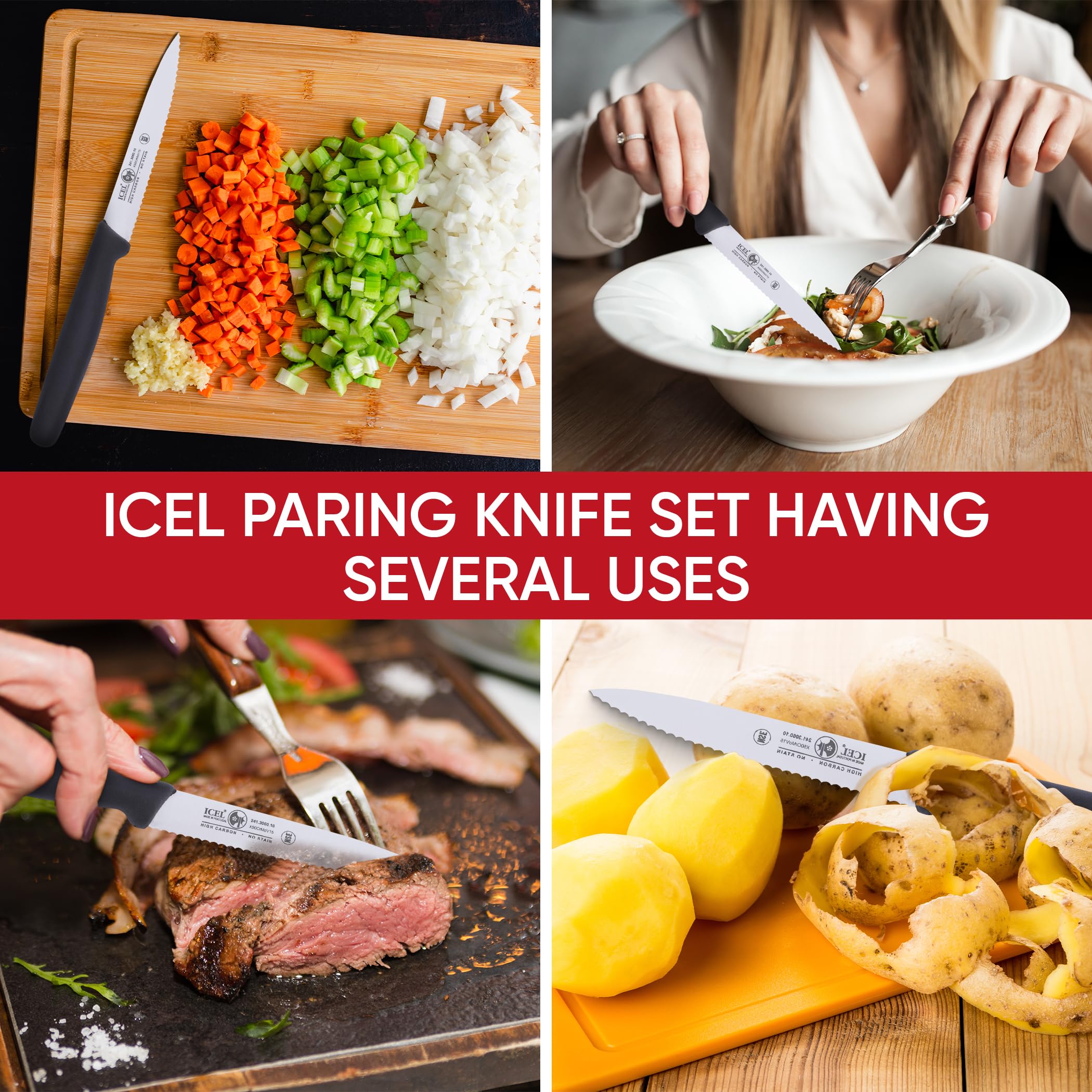 ICEL Serrated Paring Knife 4-inch - Stainless Steel Kitchen Knife for Peeling, Slicing Fruits & Vegetables - Sharp Small Knife with Ergonomic Green Handle - Perfect for Meal Prep, Camping & Home Cooking