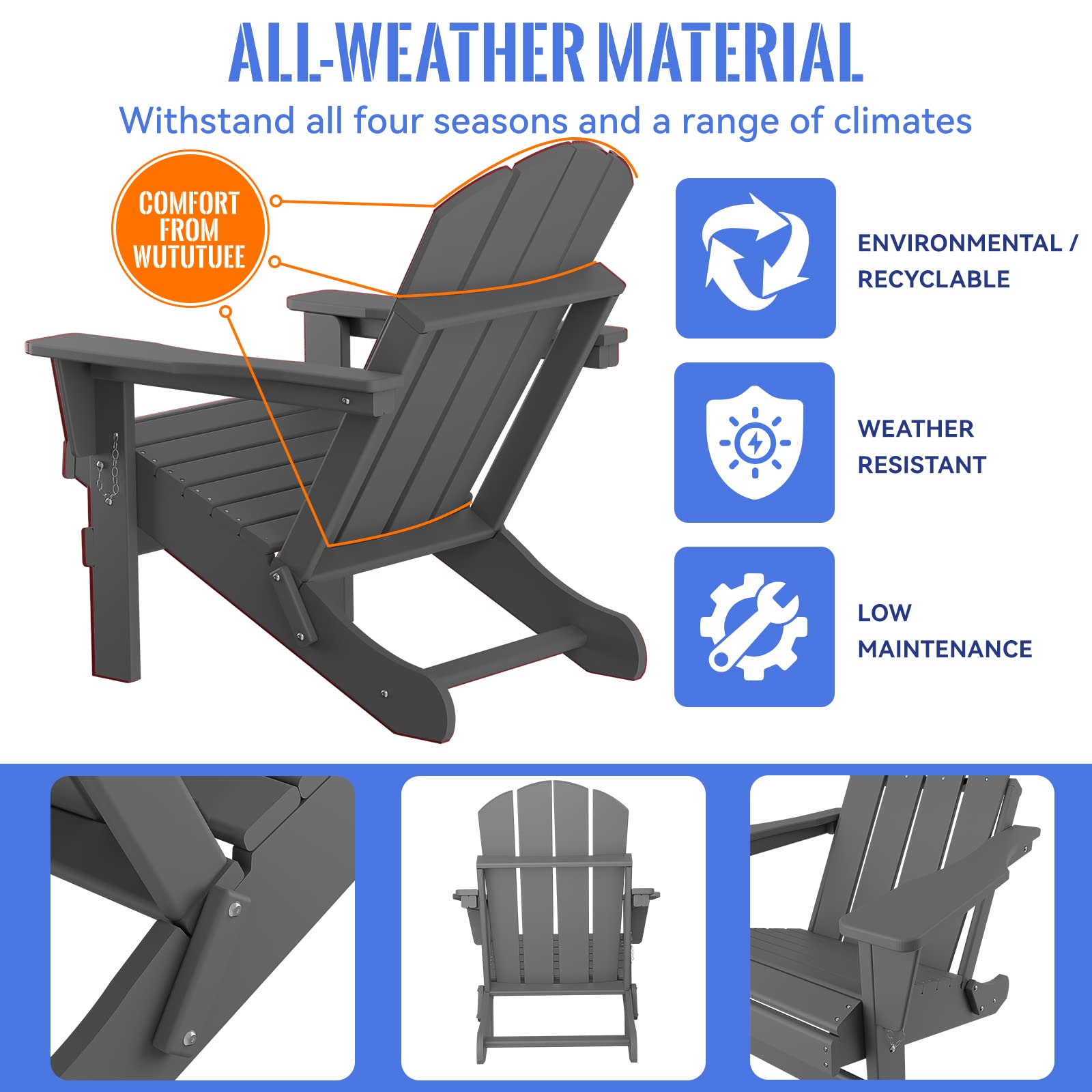 **Weather-Resistant Folding Adirondack Chair for Outdoor Patio, Deck, Garden & Campfire – Durable Composite Plastic (Grey) – Perfect for Relaxing by the Fire Pit or Lounging in Your Backyard**