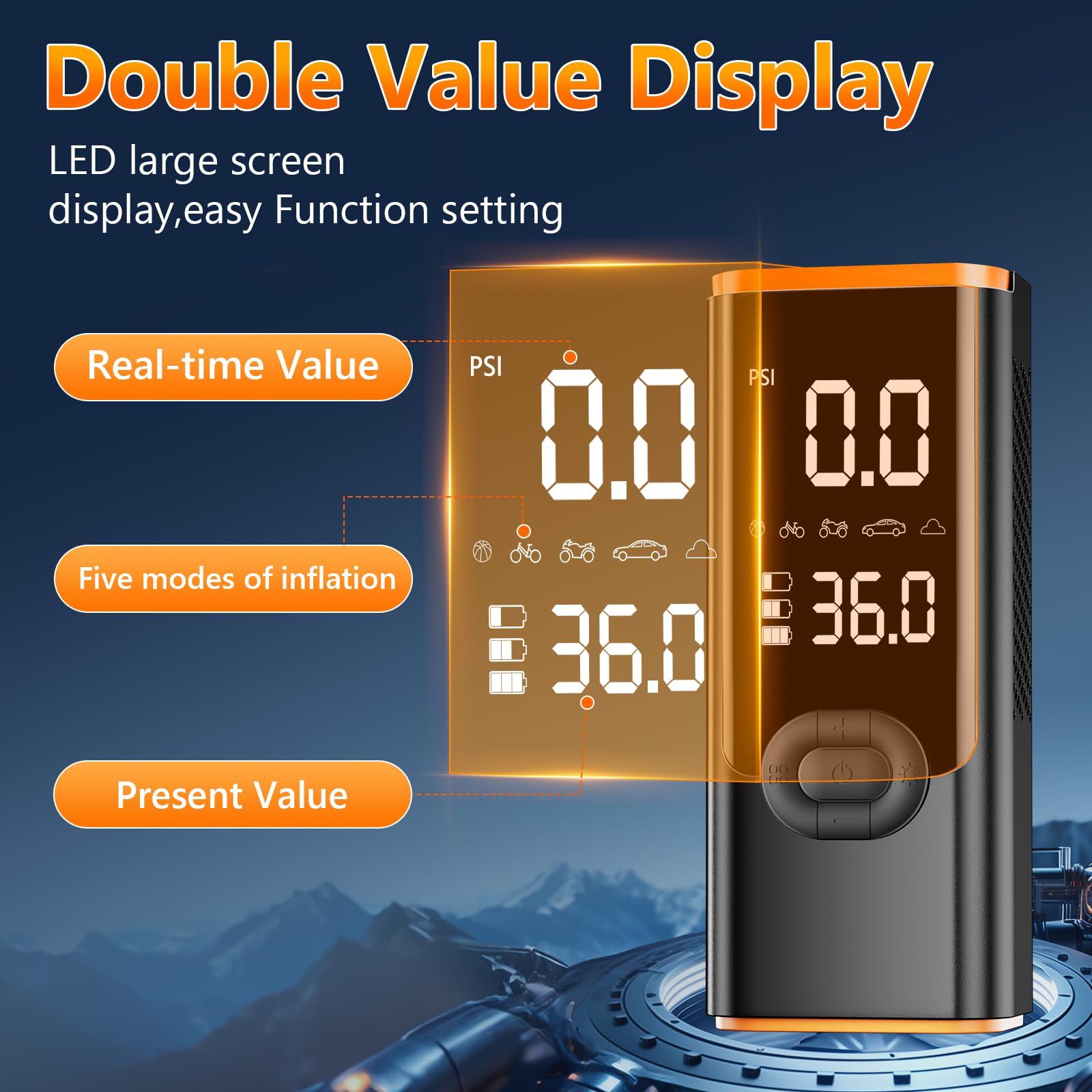180PSI Portable Tire Inflator Air Compressor with 25000mAh Battery - Digital Tire Pressure Gauge for Cars, Motorcycles, Bikes - Quick One-Click Inflation for Road Trips, Camping & Emergency Use