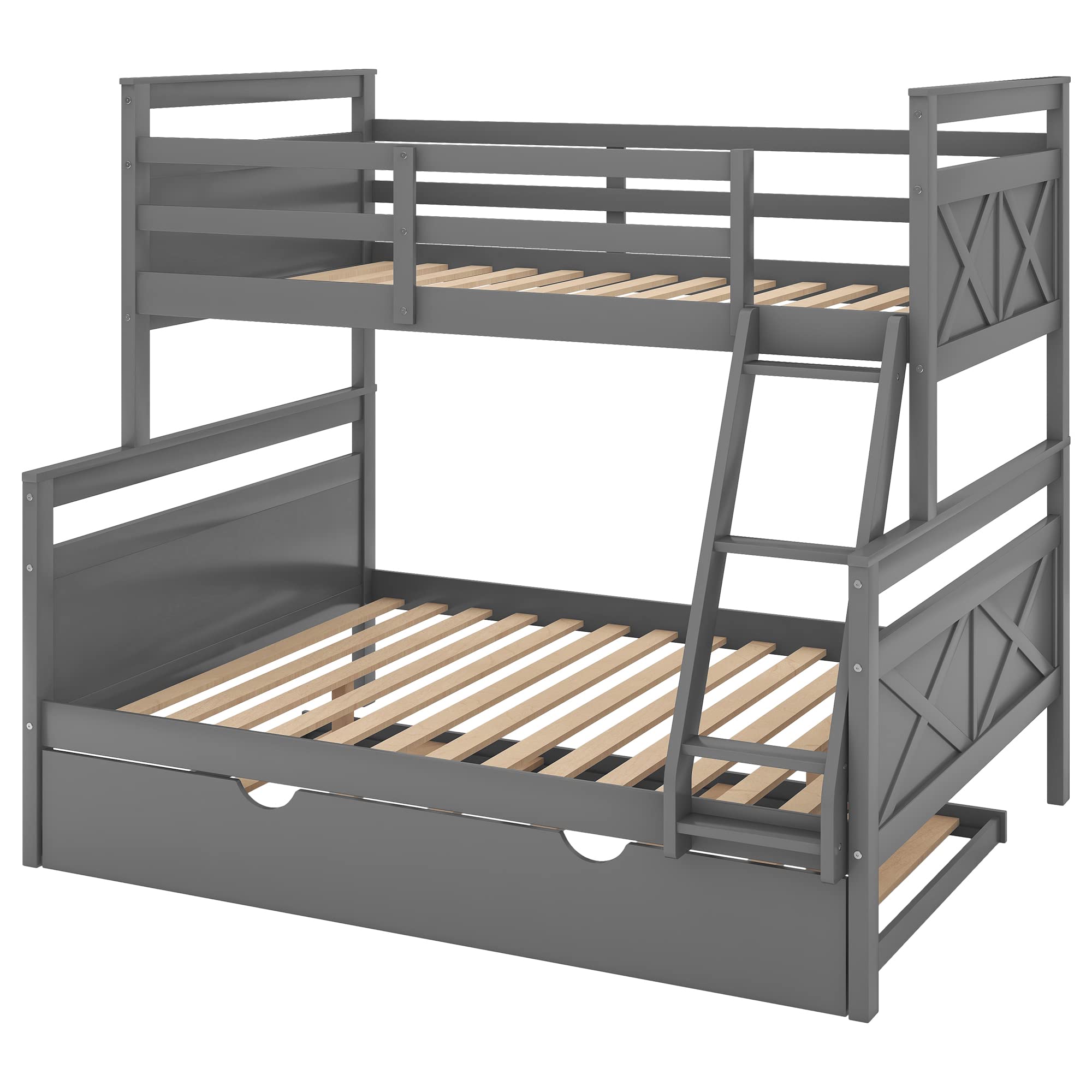 Twin Over Full Wood Bunk Bed with Trundle - Sturdy Wooden Bunk Bed Frame with Ladder & Safety Guardrail for Kids, Teens & Adults (Gray) - Perfect for Small Spaces, Guest Rooms & Kids' Bedrooms
