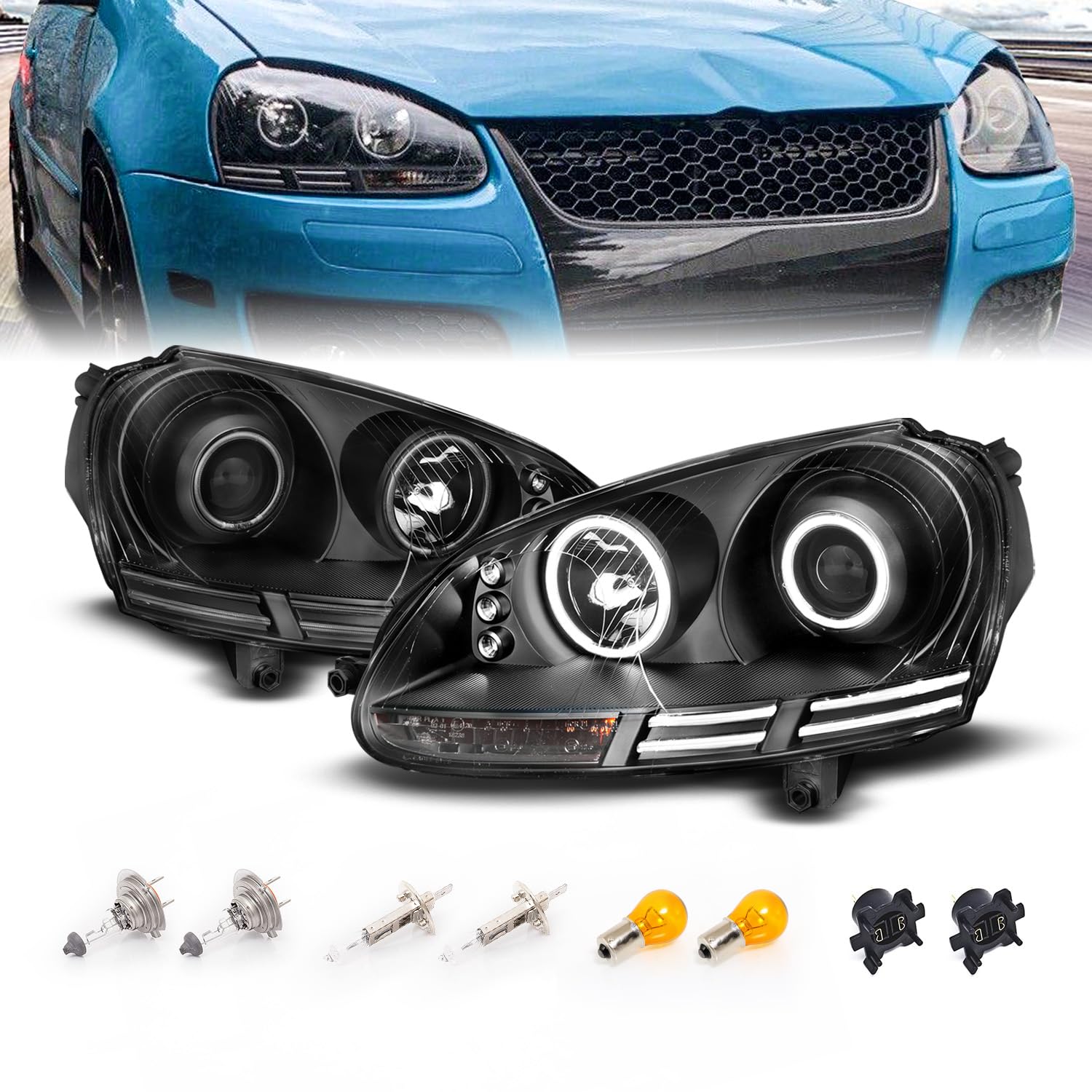 AmeriLite CCFL Halo Black Headlights for Volkswagen Rabbit (Golf) / Jetta Gen5 / Wagon - Left & Right Side Replacement - Perfect for Night Driving & Car Customization