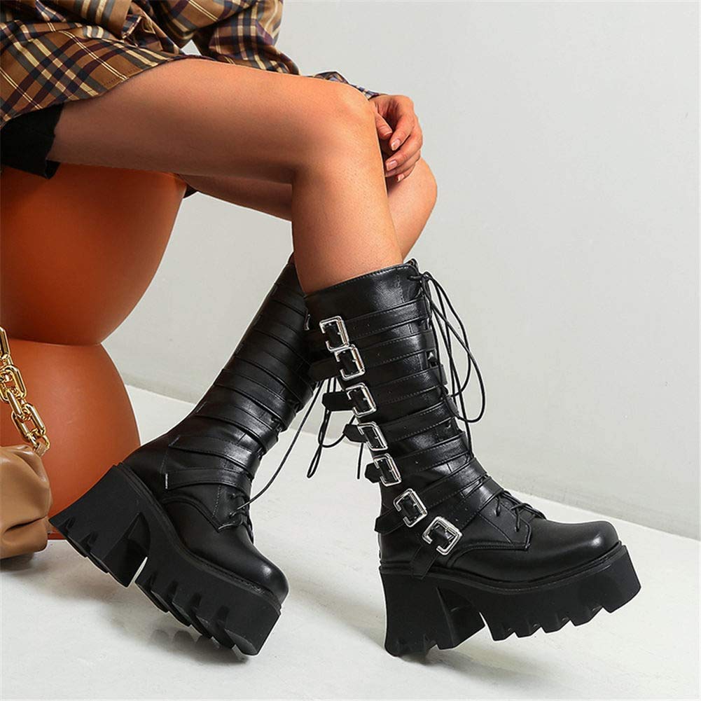 Women's Studded Mid Calf Combat Boots - Thick Platform Round Toe Punk Gothic Boots with Buckle & Rivet Details - Perfect for Halloween, Concerts & Edgy Street Style