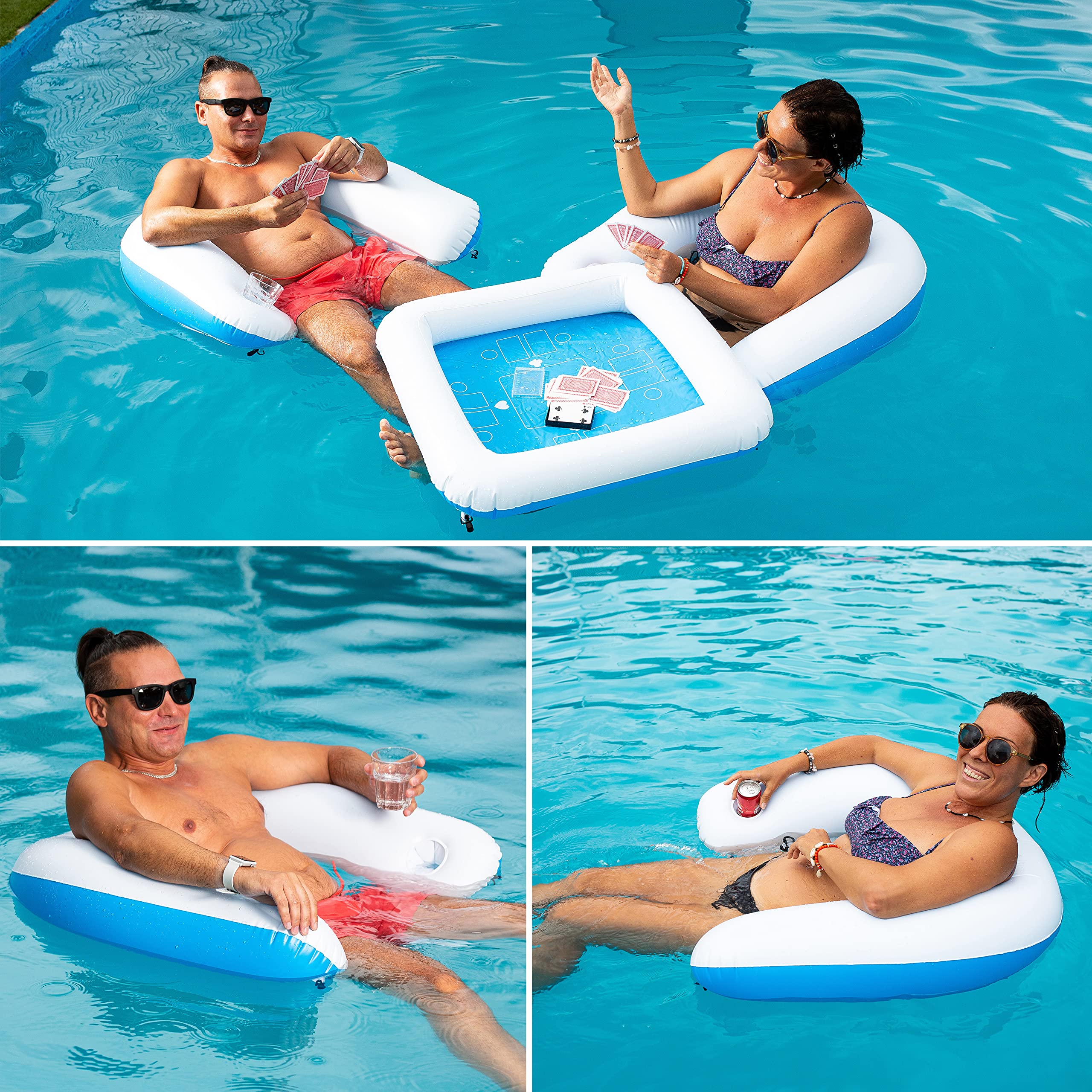 Inflatable Pool Table Game Set with Waterproof Playing Cards, Poker Deck & Chairs - Portable Card Table with Inflatable Seats for Beach, Pool Party & Backyard Water Fun | Outdoor Summer Entertainment for Adults & Kids