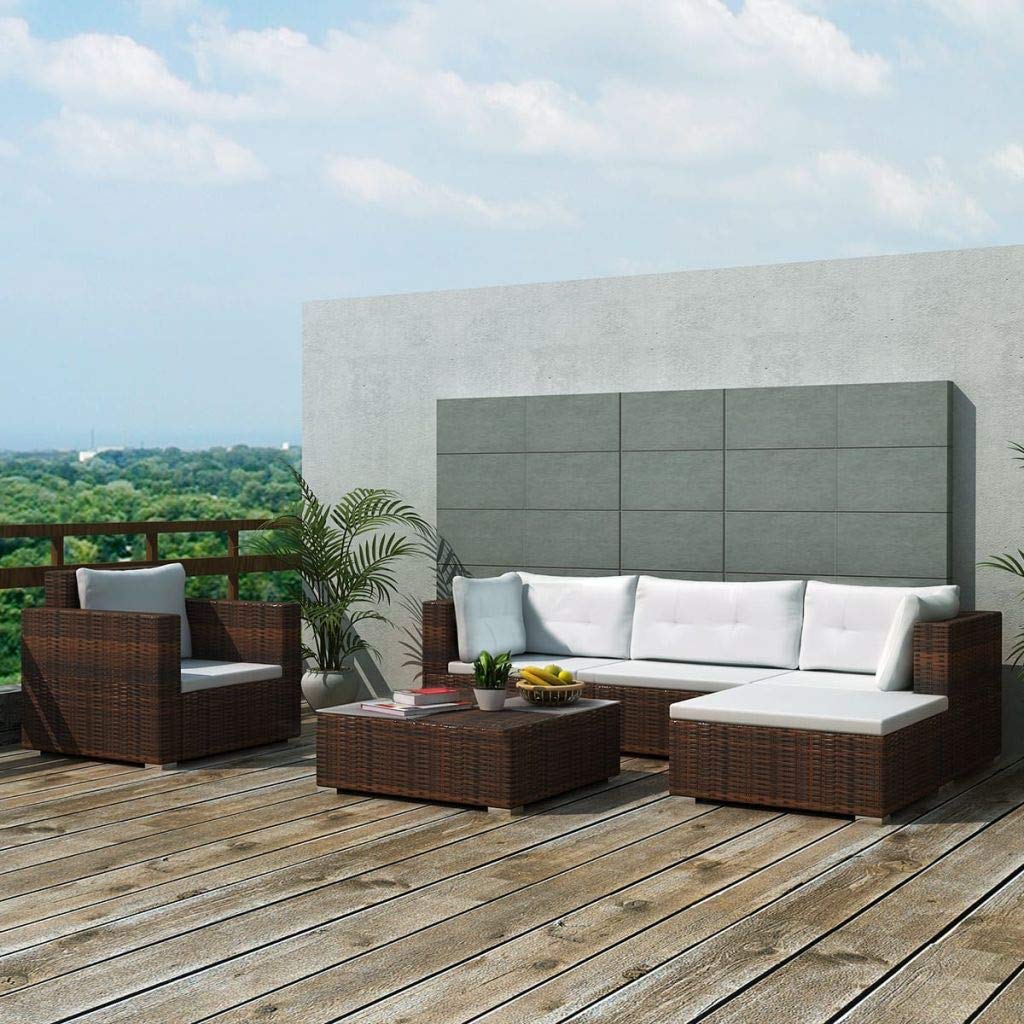 H.BETTER 6-Piece Brown Poly Rattan Outdoor Sectional Sofa Set with Removable Cushions & Glass Table Top - Perfect for Patio, Poolside, Garden, and Backyard Relaxation