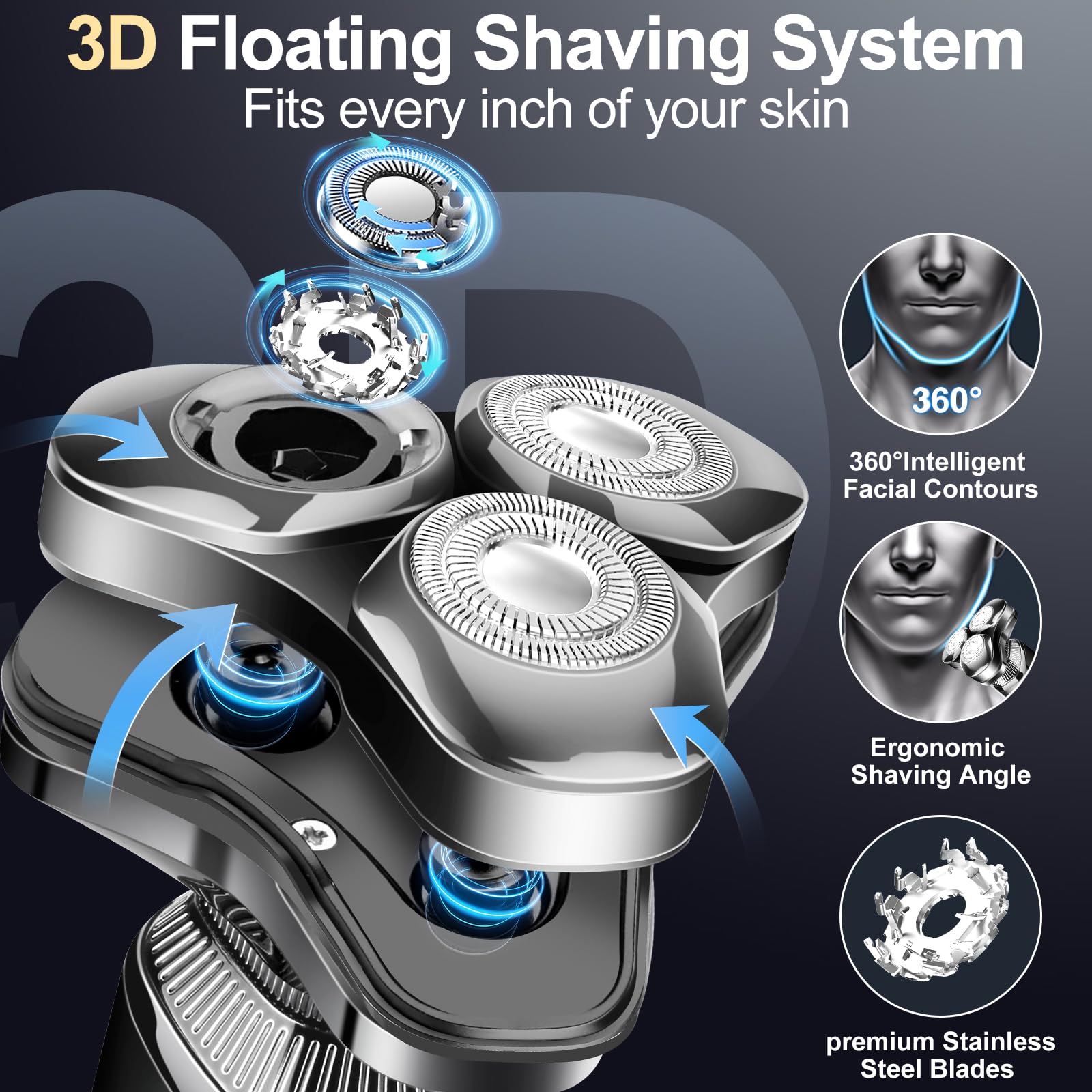 Premium Rotary Electric Razor for Men - Waterproof, Rechargeable with LED Display & Floating Head - Cordless Shaver with Replaceable Blades - Perfect for Travel, Home & Office Use